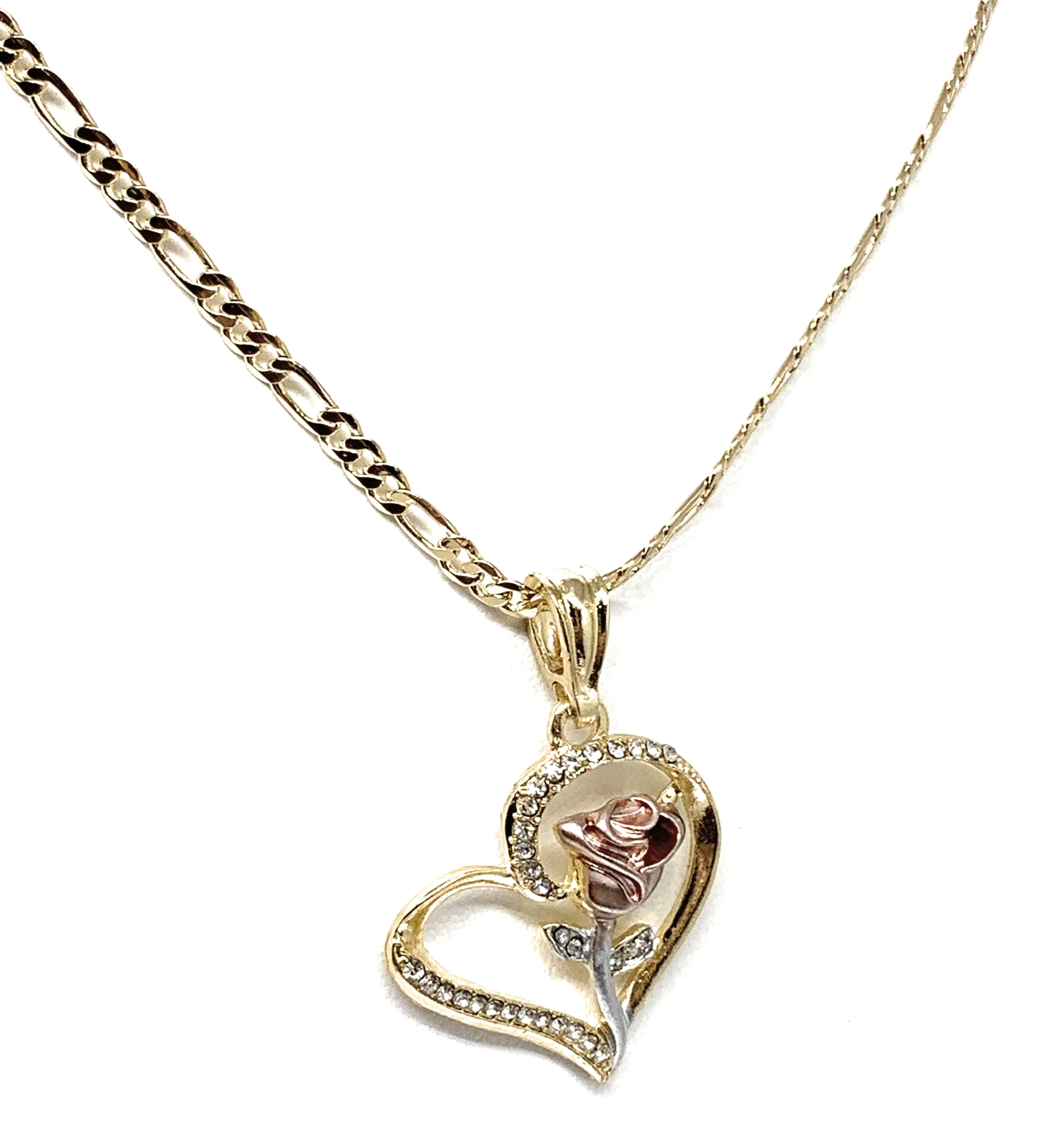 Gold Plated Tri-Color Heart Rose CZ Pendant Necklace Chain 24” - Image 6
