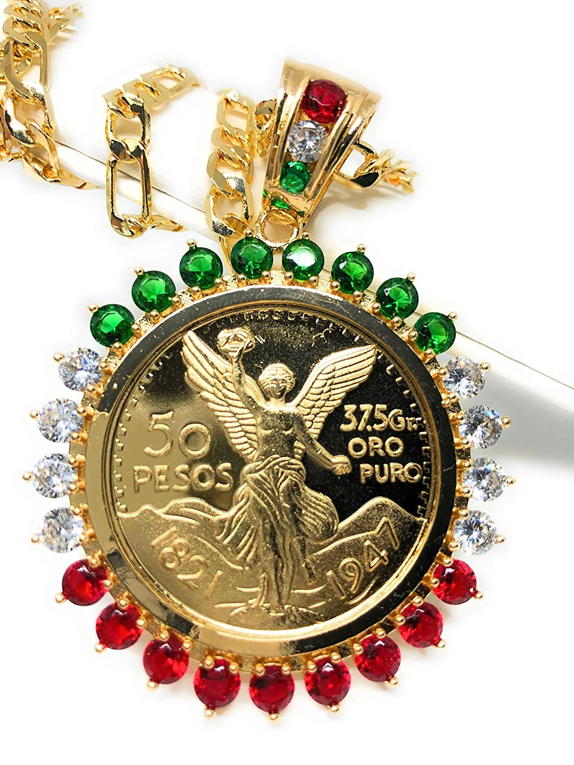 Gold Plated Coin Centenario Mexicano Moneda 50 Pesos Pendant Chain CZ Oro Cadena 26"
