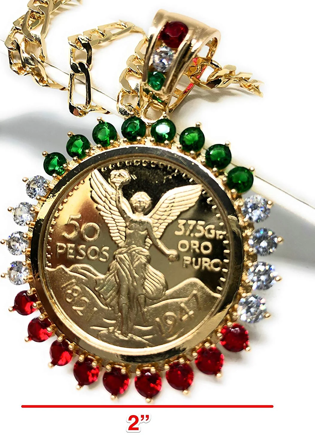 Gold Plated Coin Centenario Mexicano Moneda 50 Pesos Pendant Chain CZ Oro Cadena 26" - Image 2