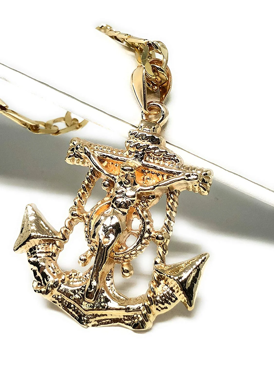 Gold Plated Jesus Crucifix Anchor Pendant Necklace 26" / Jesus Ancla Crucifijo Cadena Oro Laminado - Image 3