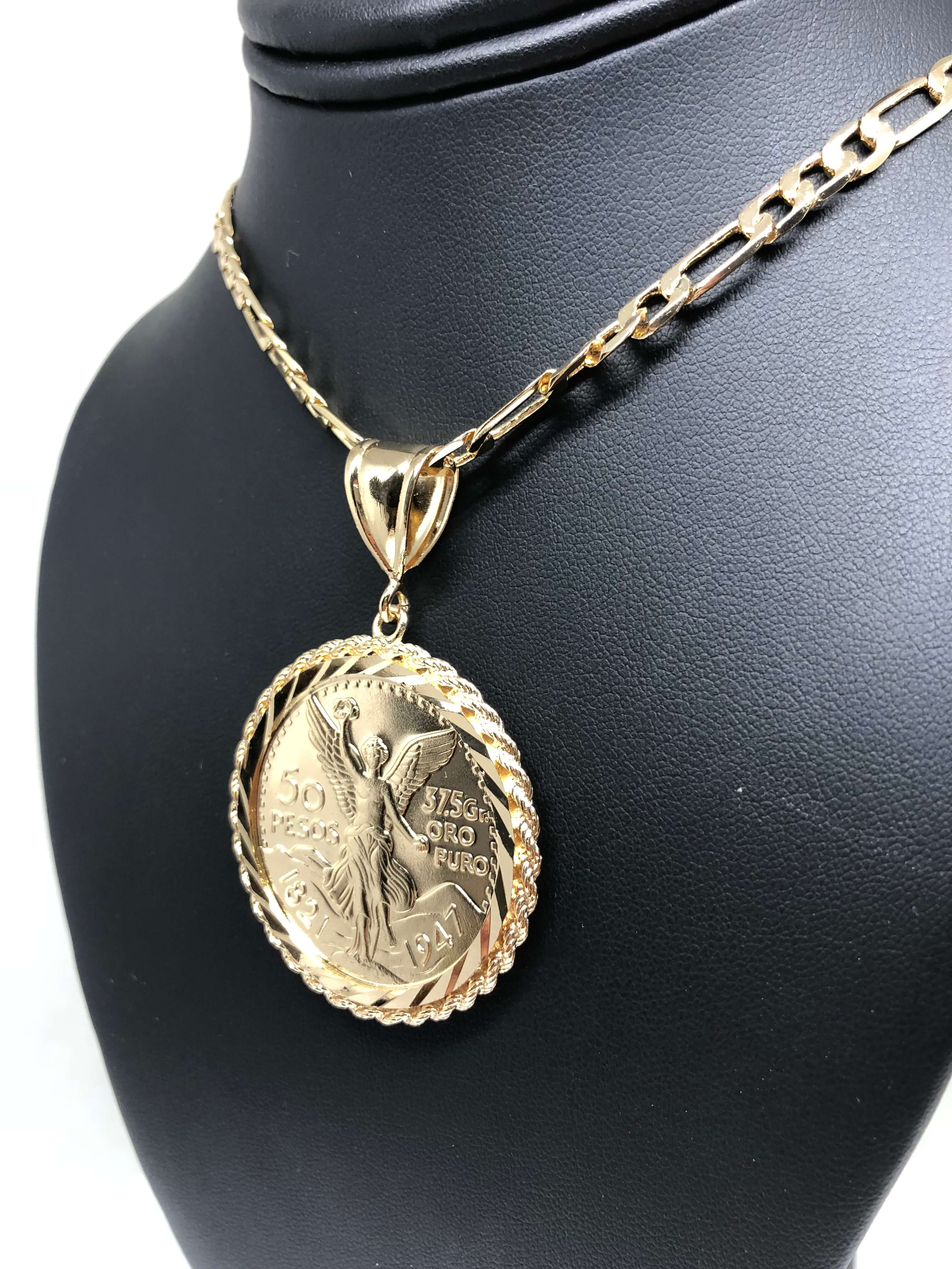 Gold Plated Mexican Coin Centenario Mexicano Moneda 50 Pesos Pendant Chain 26" - Image 5