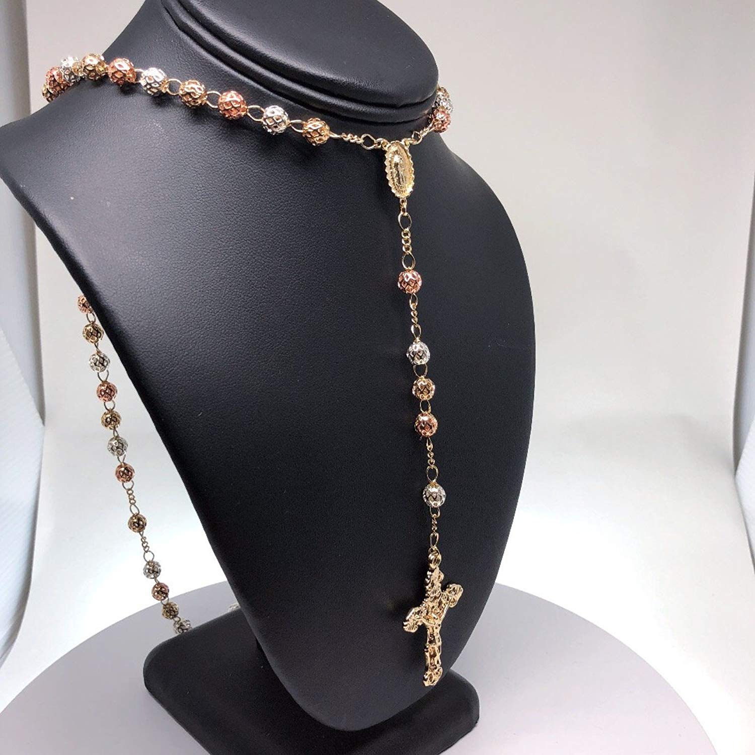 Gold Plated Tri-Color Virgin Mary Rosary Necklace Virgen de Guadalupe Rosario Crucifijo Oro Tres Colores 26" - Image 3