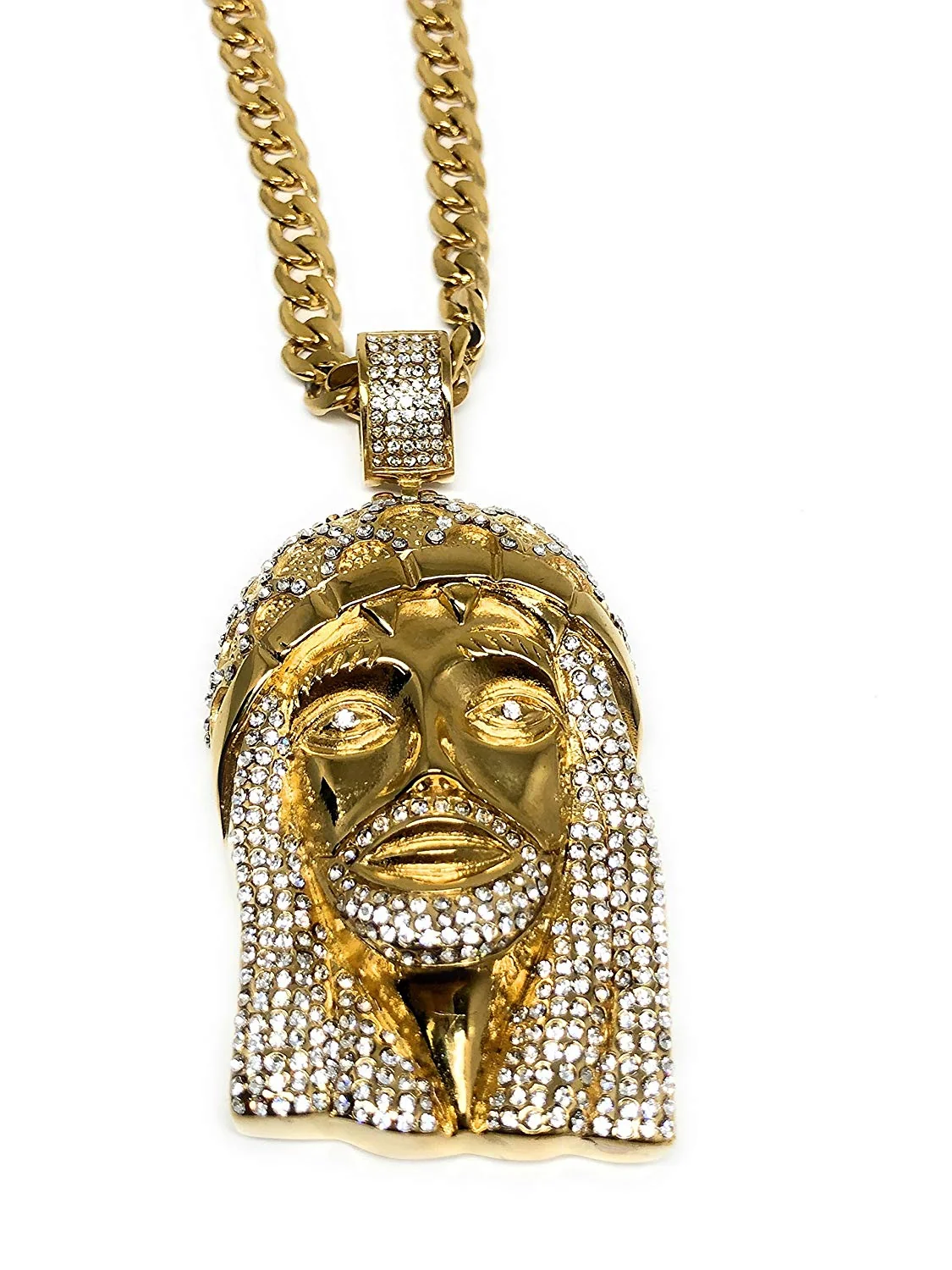 Men Iced Out Hip Hop Gold Plated Big Jesus Face CZ Pendant 30" Cuban Link Chain 7mm - Image 4