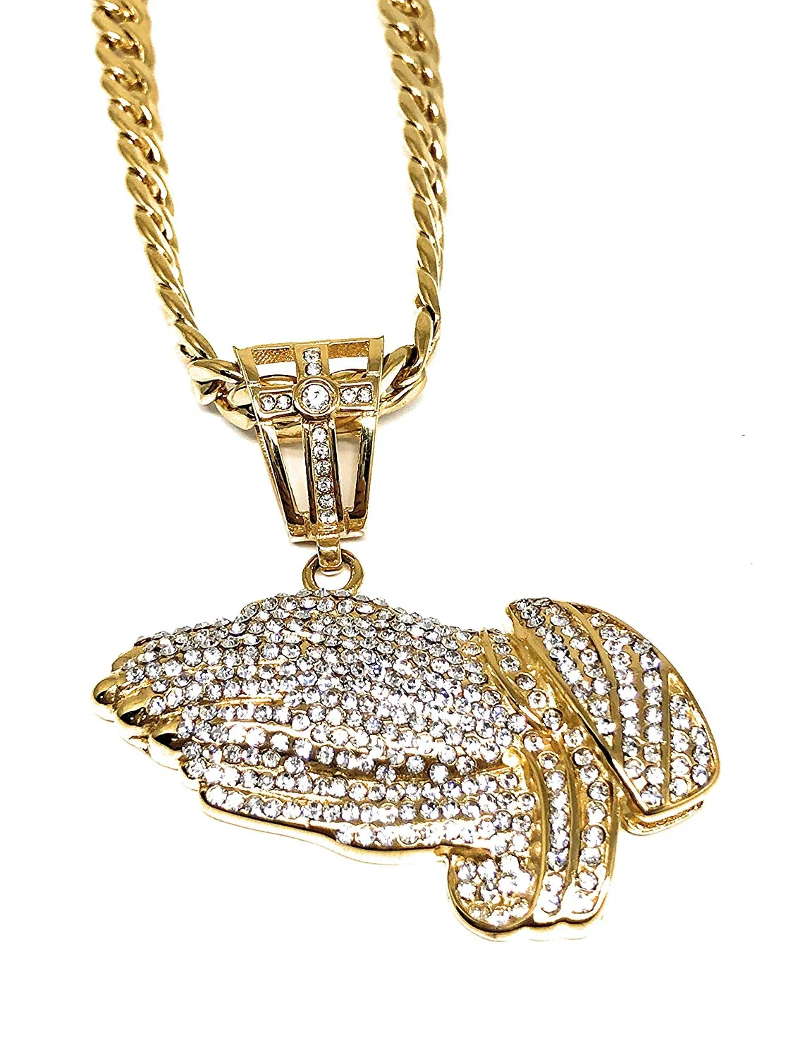 Men's Gold Plated Iced Out Hip Hop Big Prayer Hand CZ Pendant 30" Cuban Link Chain 7mm - Image 4