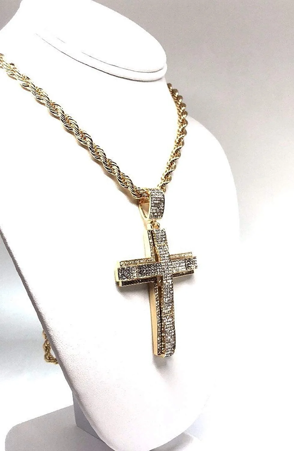 Men's Hip Hop Gold Plated Iced Out Cross CZ Pendant Necklace 30" Rope Chain 3.5mm - Image 3