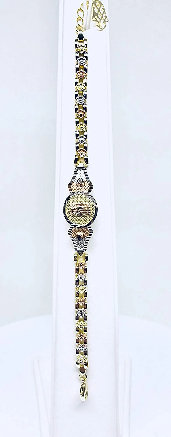 Gold Plated Tri-Color Virgin Mary Bracelet Virgen De Guadalupe Pulsera Tres Colores Oro Laminado 8" - Image 7