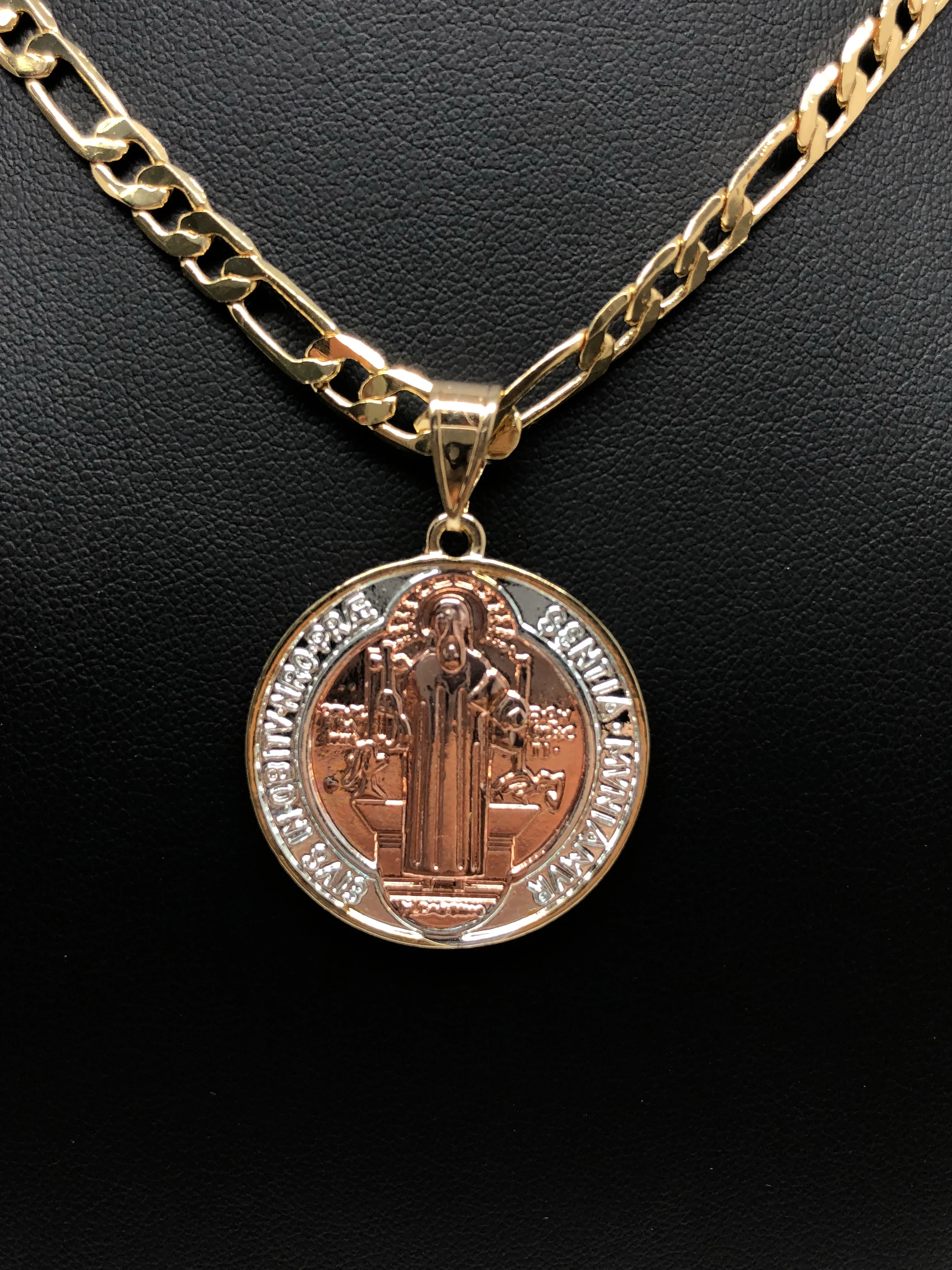 Gold Plated 2-Tone Saint Benedict Medal Pendant Necklace San Benito Medalla Oro Figaro 26" - Image 14
