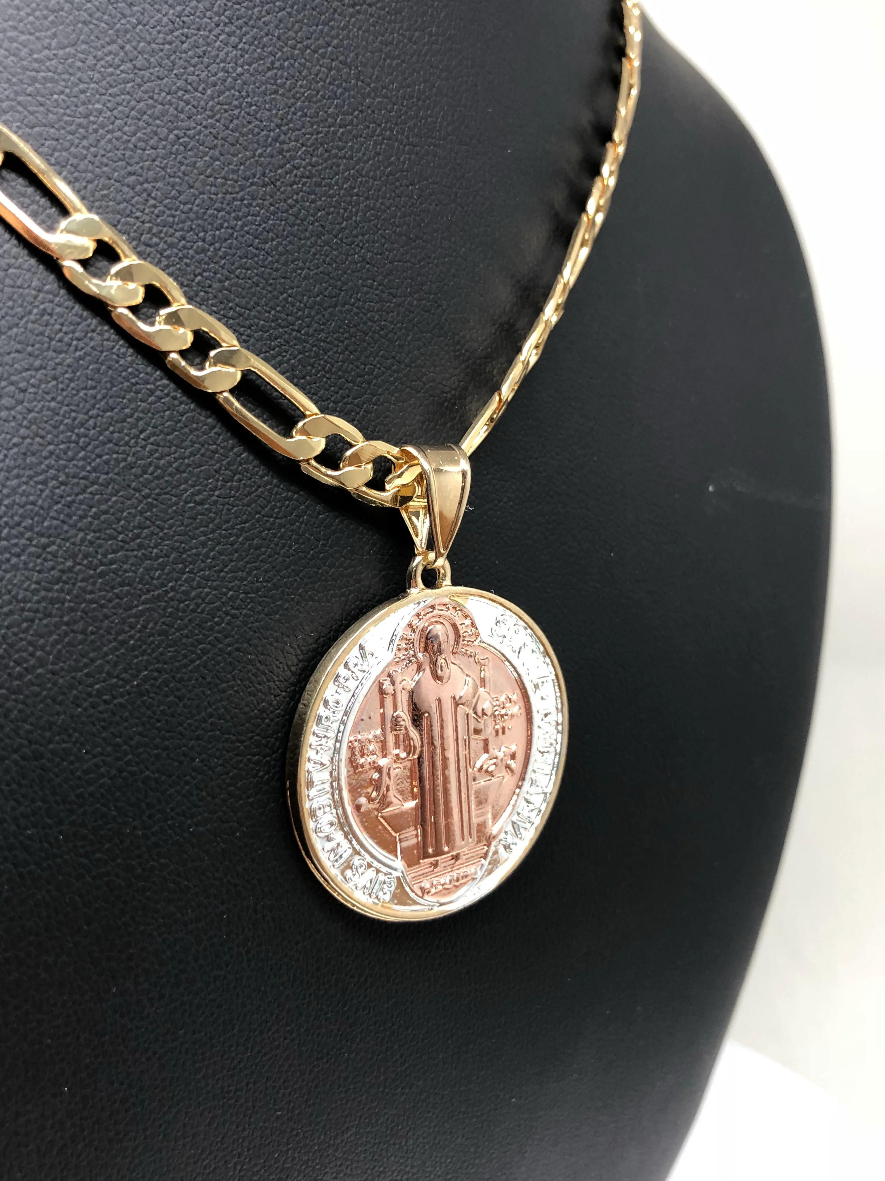 Gold Plated 2-Tone Saint Benedict Medal Pendant Necklace San Benito Medalla Oro Figaro 26" - Image 5