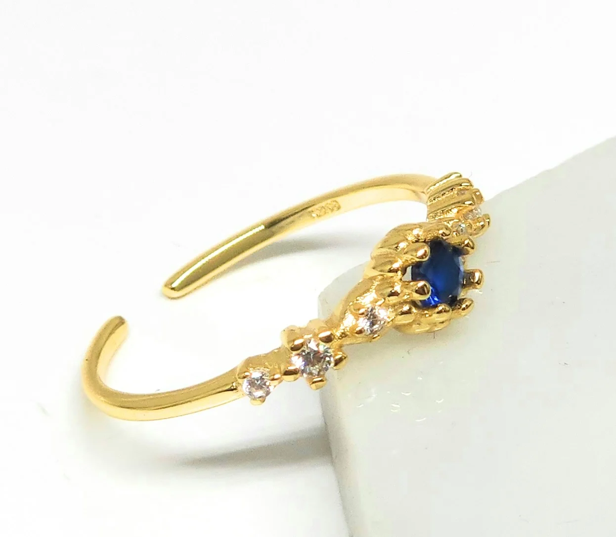 Gold Plated (.925) SILVER Dainty Blue CZ Adjustable Ring Anillo - Image 2