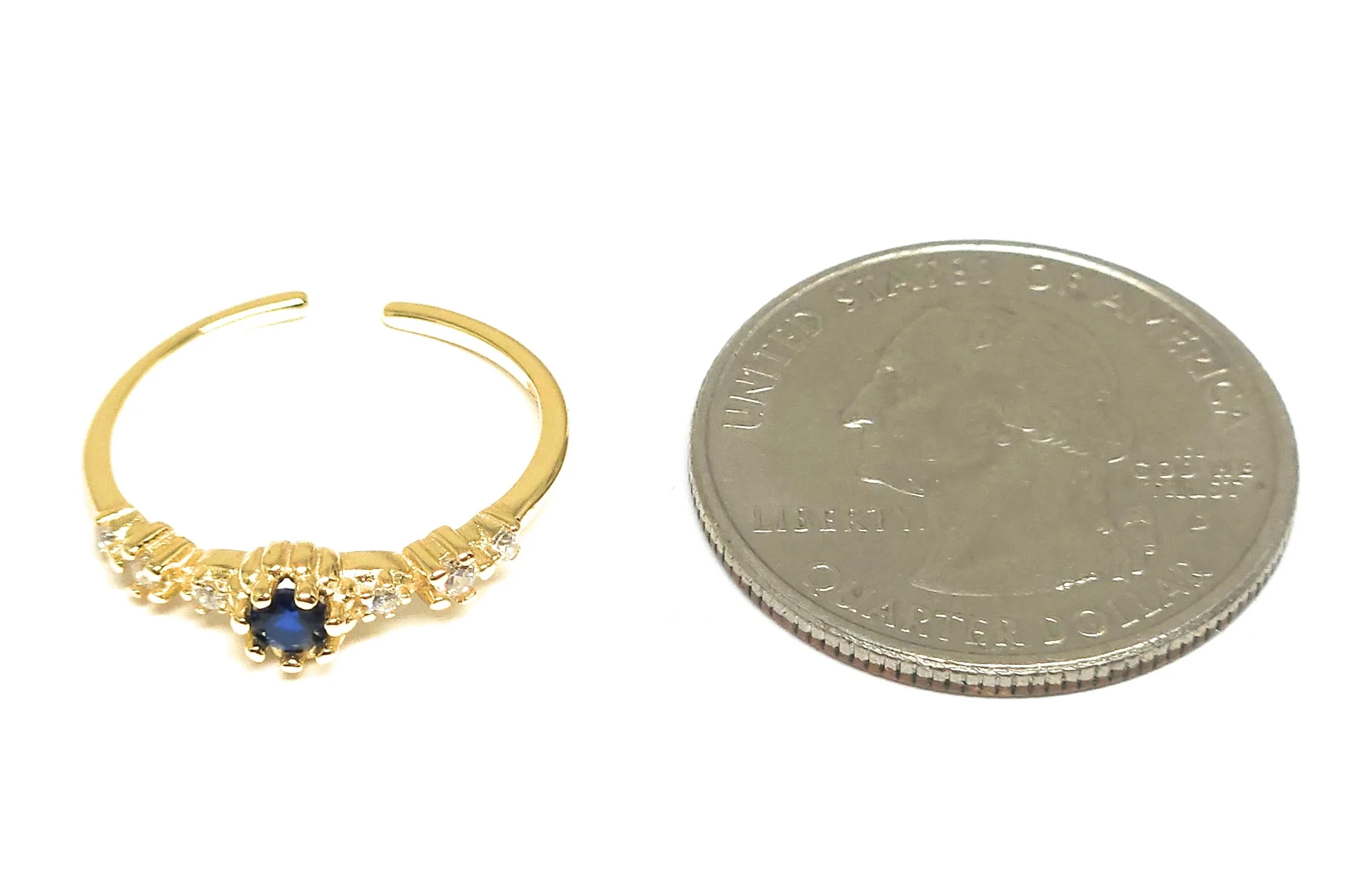 Gold Plated (.925) SILVER Dainty Blue CZ Adjustable Ring Anillo - Image 4