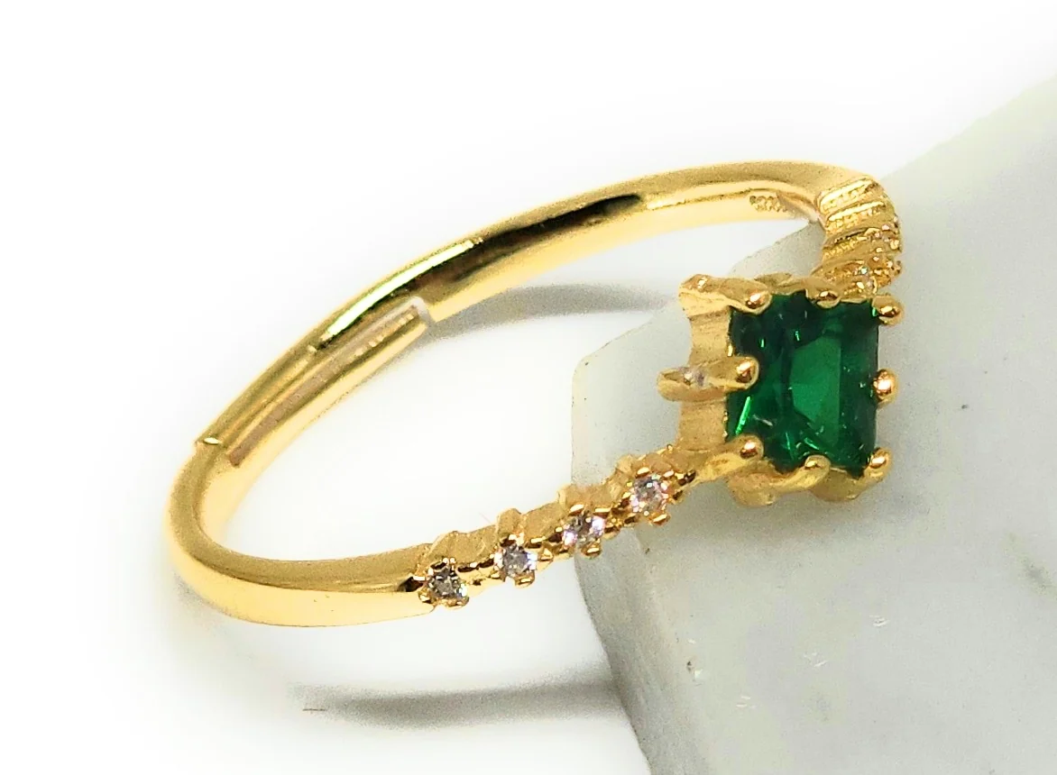 Gold Plated (.925) SILVER Dainty GREEN CZ Adjustable Ring Anillo - Image 2