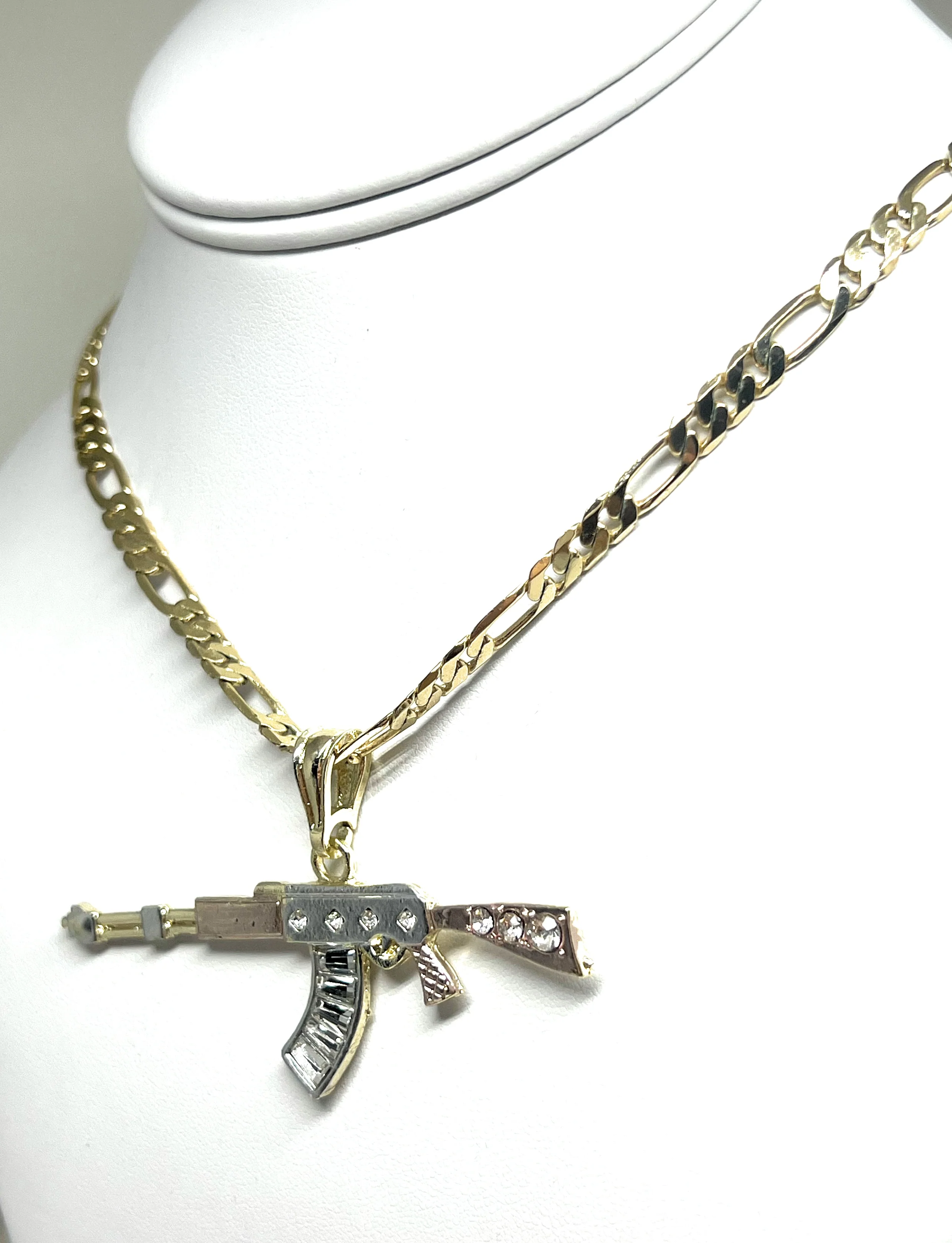 Gold Plated Ak-47 Machine Gun CZ Pendant 26 INCH FIGARO CHAIN 5MM - Image 7
