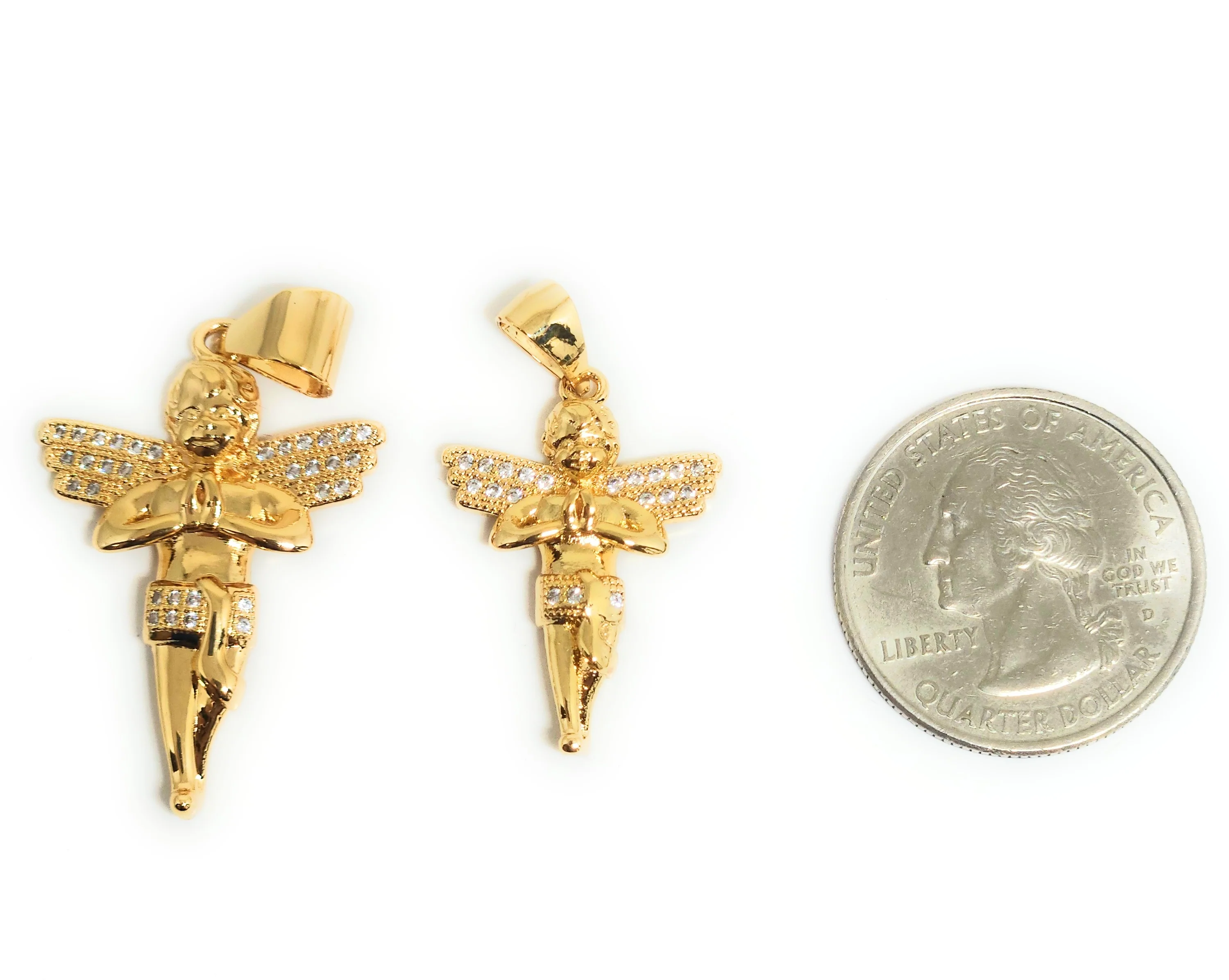 Gold Plated Angel CZ ICED OUT Pendant Necklace 24" Figaro Chain (SM,MED) - Image 2