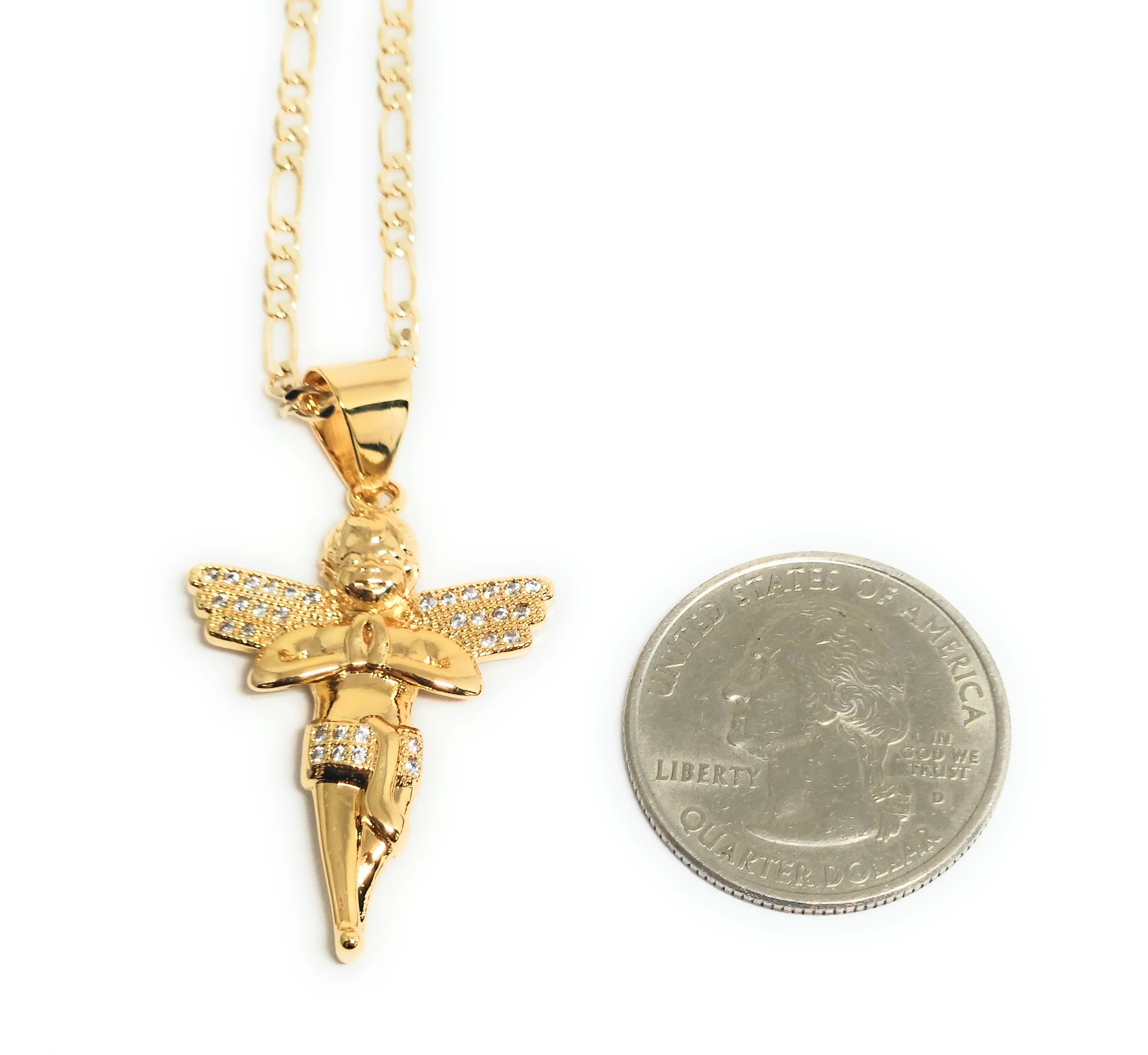 Gold Plated Angel CZ ICED OUT Pendant Necklace 24" Figaro Chain (SM,MED) - Image 3