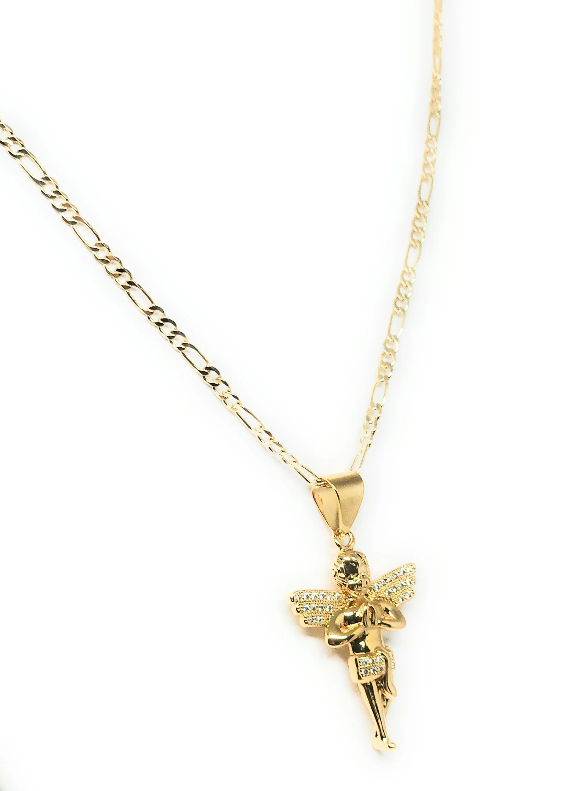 Gold Plated Angel CZ ICED OUT Pendant Necklace 24" Figaro Chain (SM,MED) - Image 4