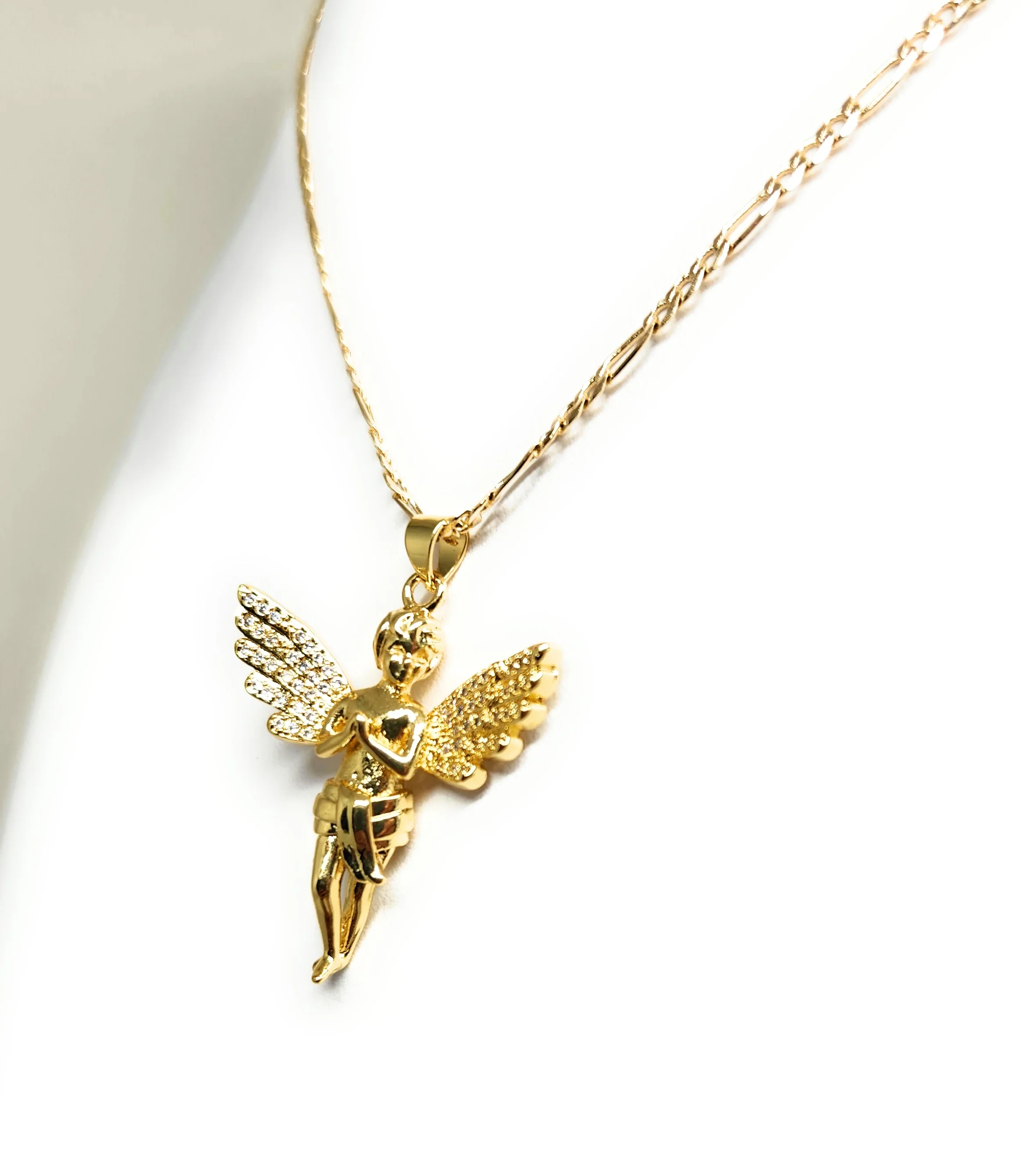 Gold Plated Angel CZ Iced Out Pendant Necklace 24" Figaro Chain - Image 4