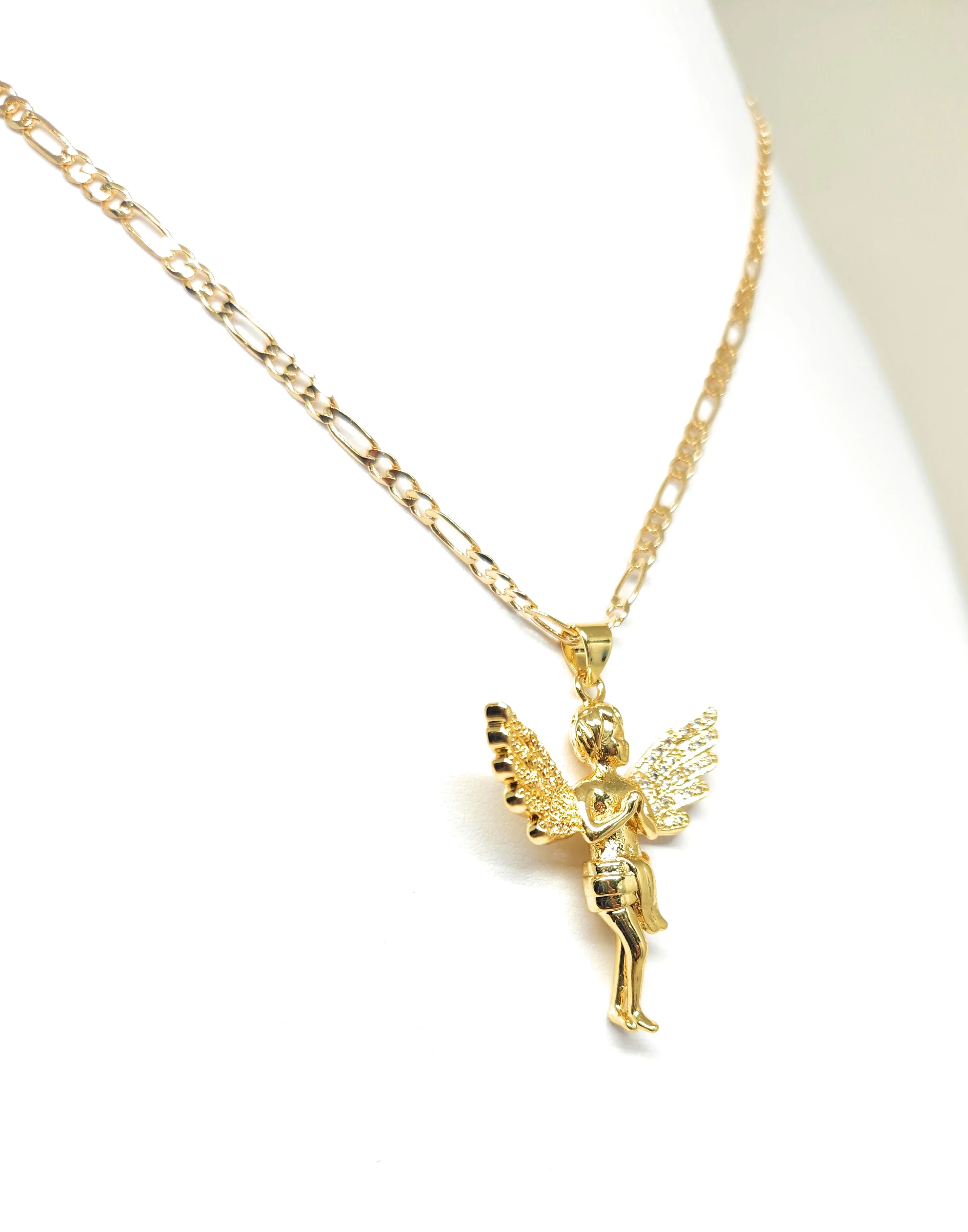 Gold Plated Angel CZ Iced Out Pendant Necklace 24" Figaro Chain - Image 5