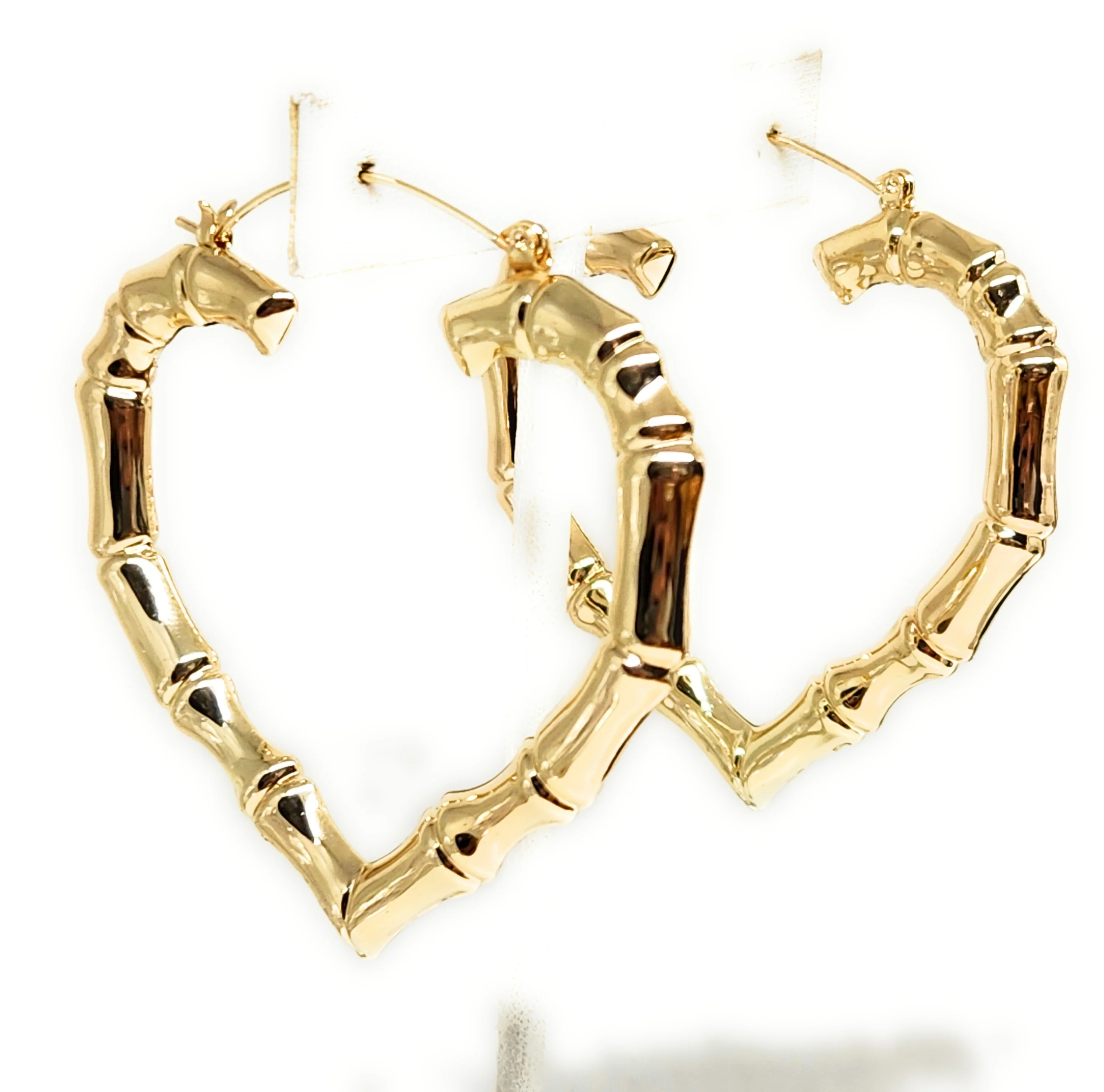 Gold Plated Bamboo Heart Hoop Earrings Aretes Arracadas (2.5 INCH) - Image 4