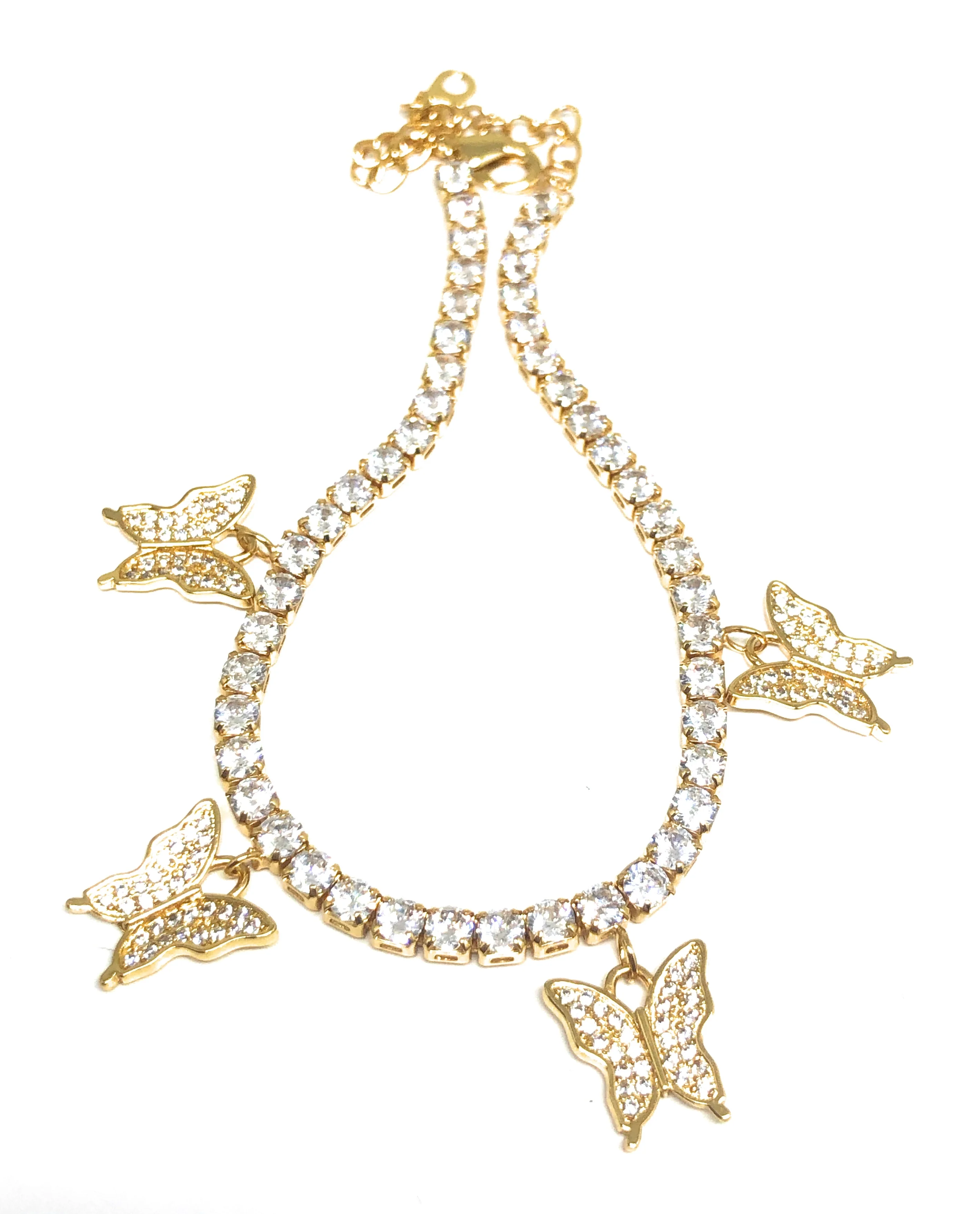 Gold Plated Butterfly Charm CZ Adjustable 9 inch Tennis Bracelet - Image 2