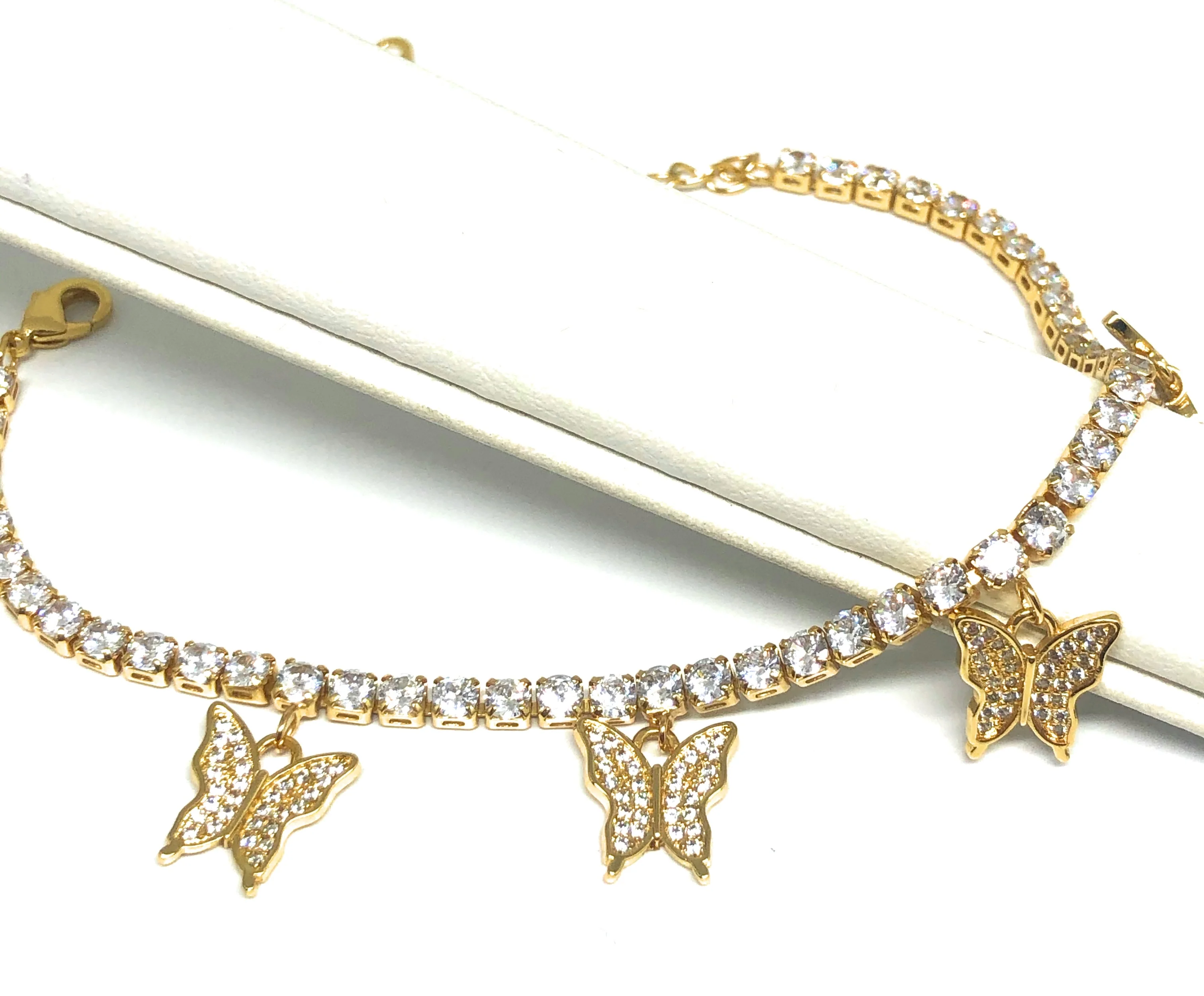 Gold Plated Butterfly Charm CZ Adjustable 9 inch Tennis Bracelet - Image 3