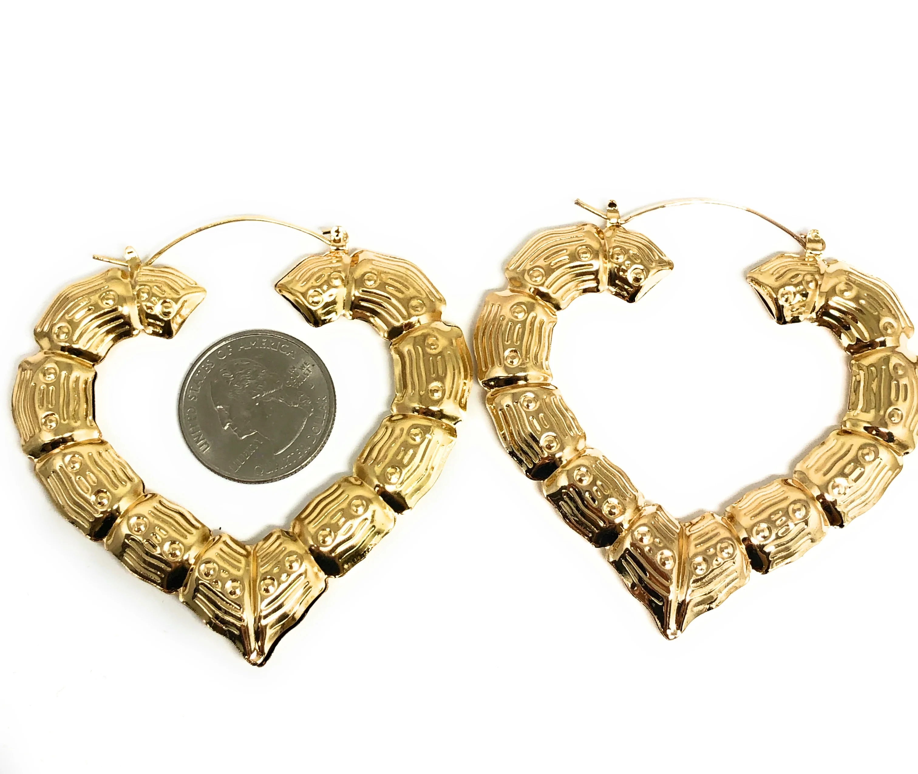 Gold Plated Classic Bamboo Heart Holow Open Hoop Earrings Aretes Arracadas (2.5 INCH) - Image 2