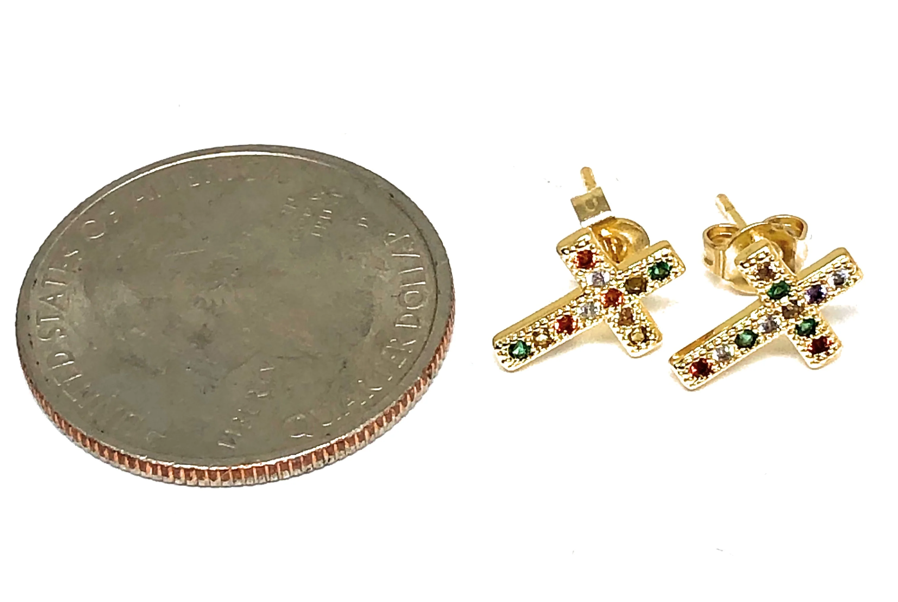 Gold Plated Colorful Cross Earrings  w/ Stones Aretes - Image 2