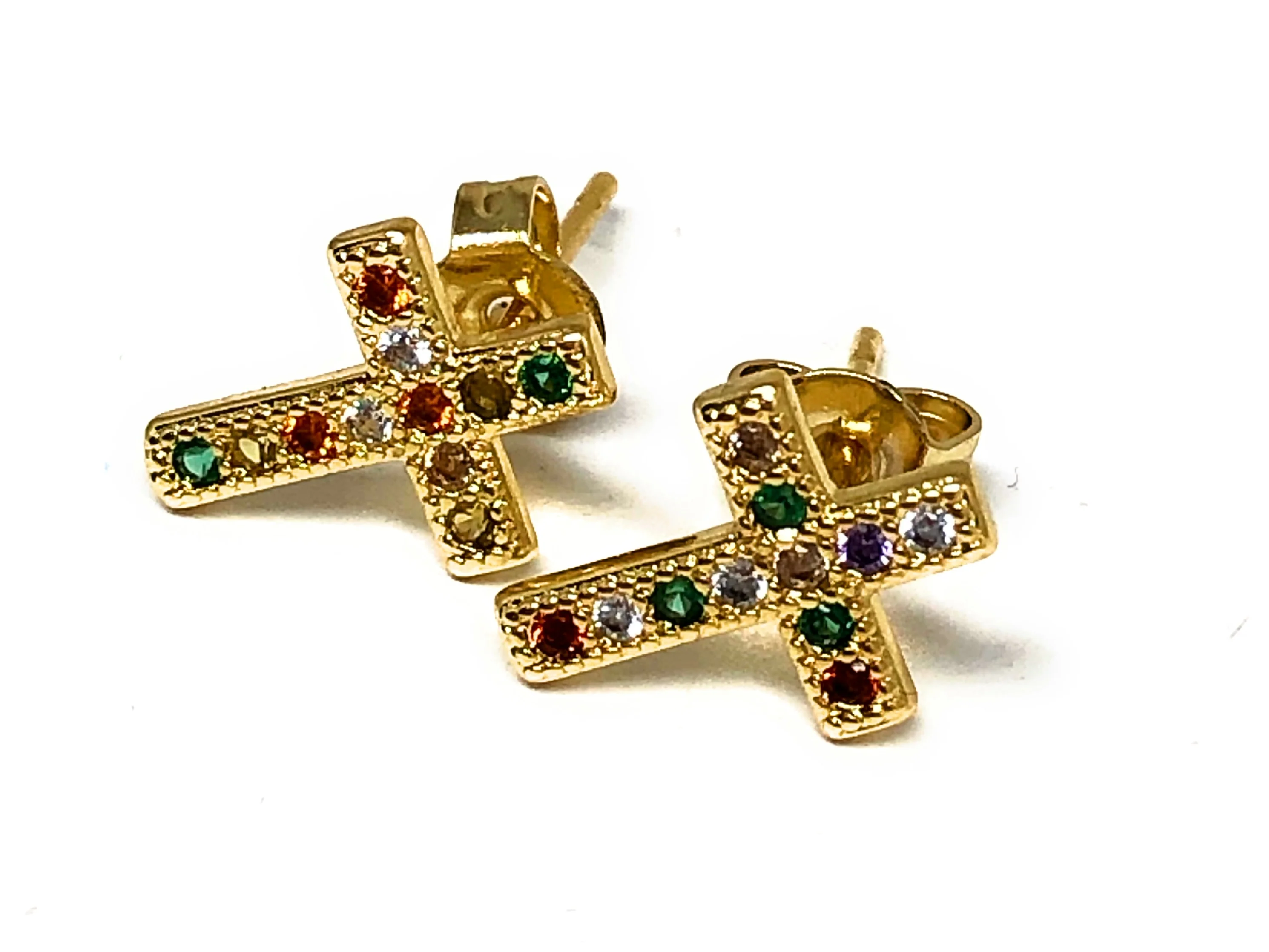 Gold Plated Colorful Cross Earrings  w/ Stones Aretes - Image 4