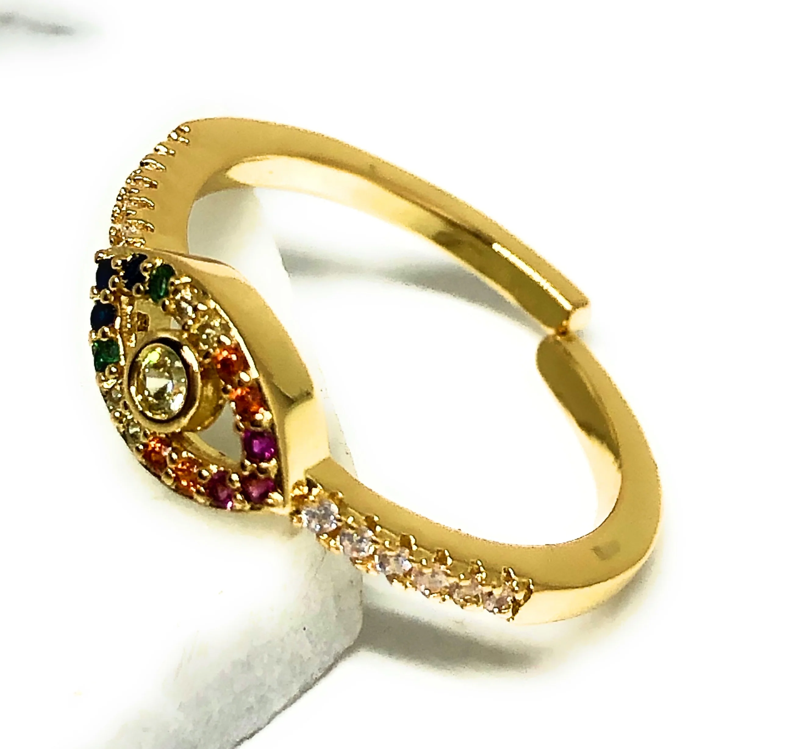 Gold Plated Colorful multi-color Stone Evil Eye Adjustable Ring Anillo - Image 2
