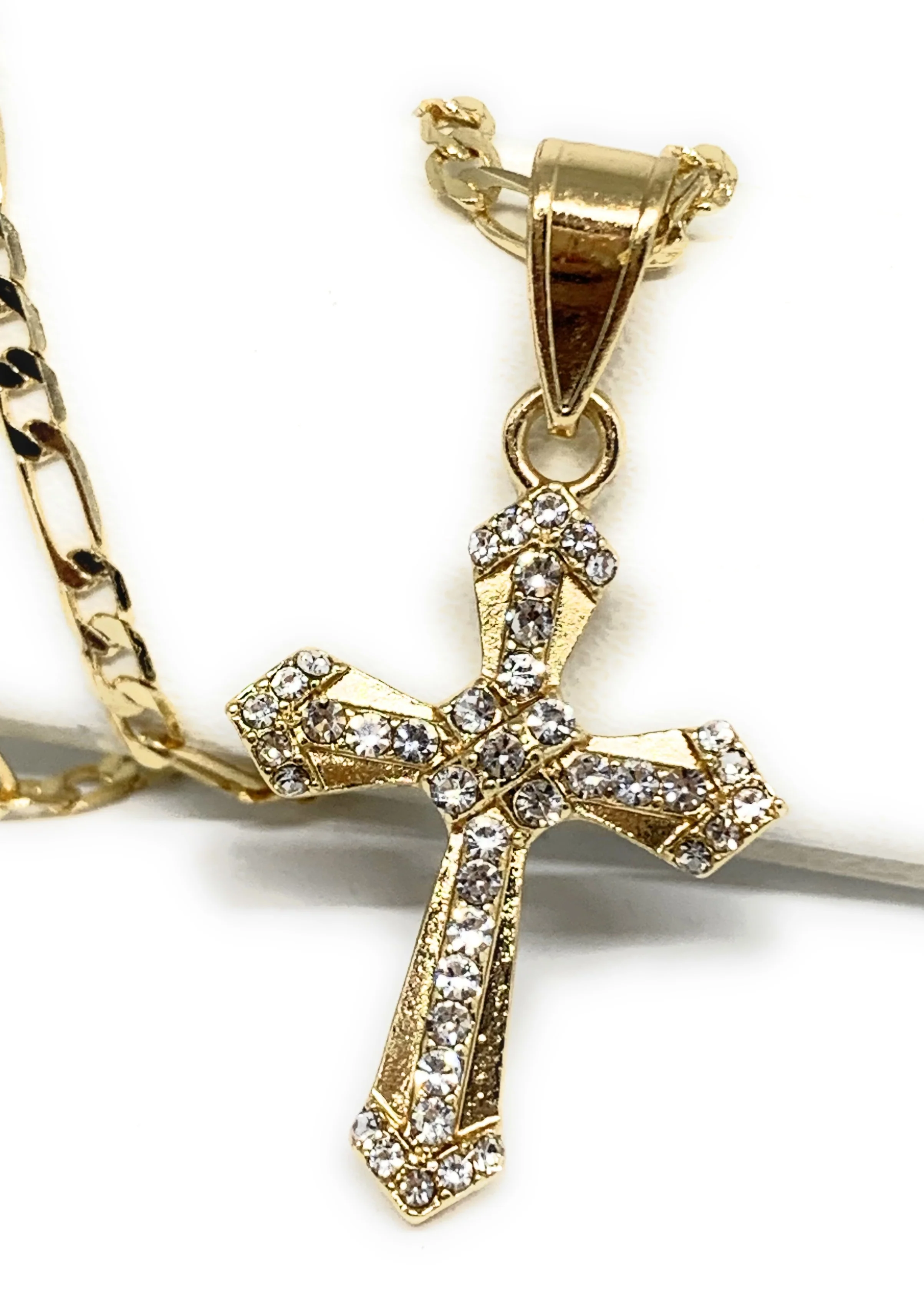 Gold Plated Cross CZ Crucifix 24” Necklace Cruz Crucifijo