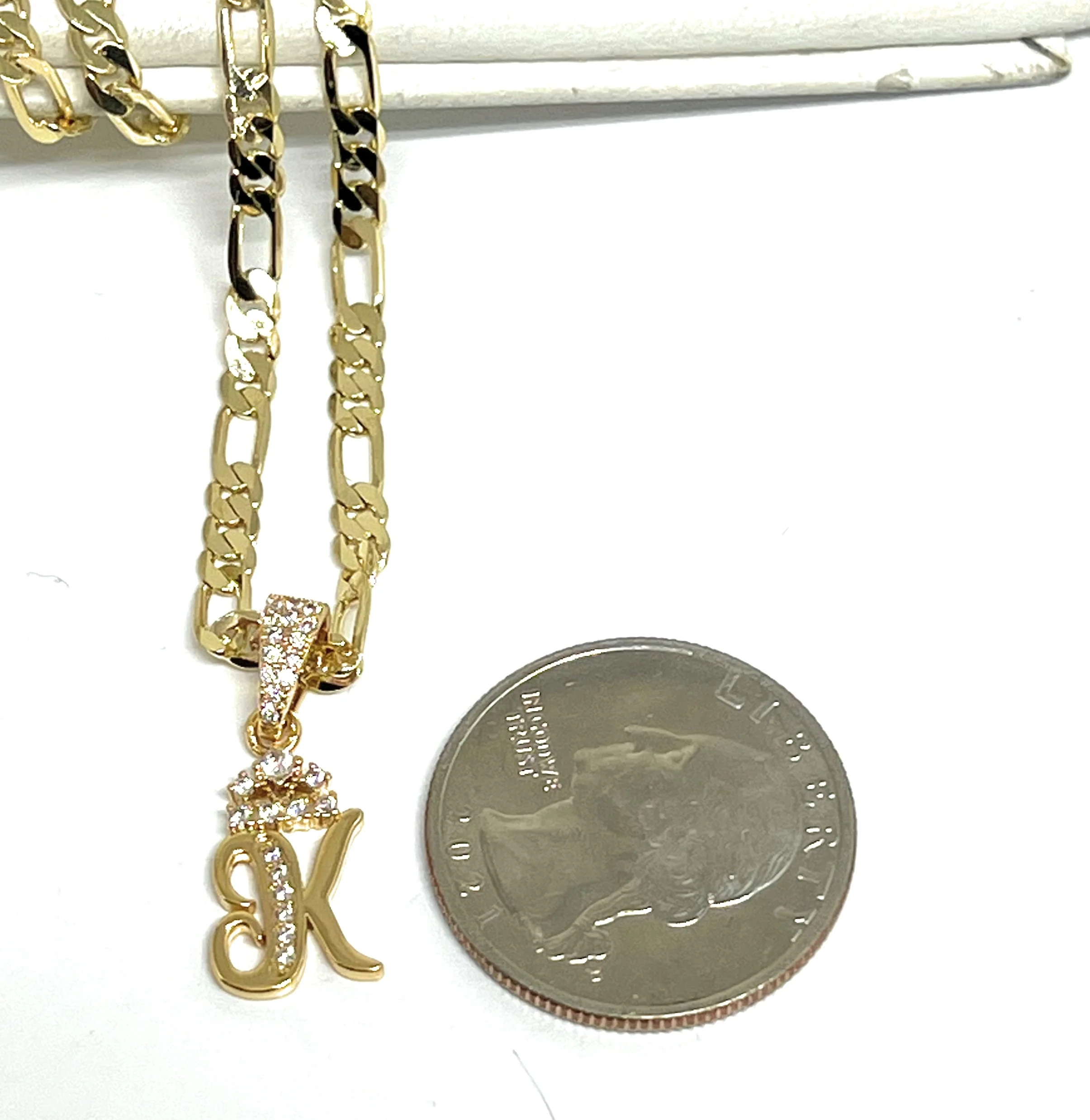 Gold Plated CUSTOMIZED CROWN  CZ Initial Letter Pendant with Figaro Chain 24" 3mm - Image 2