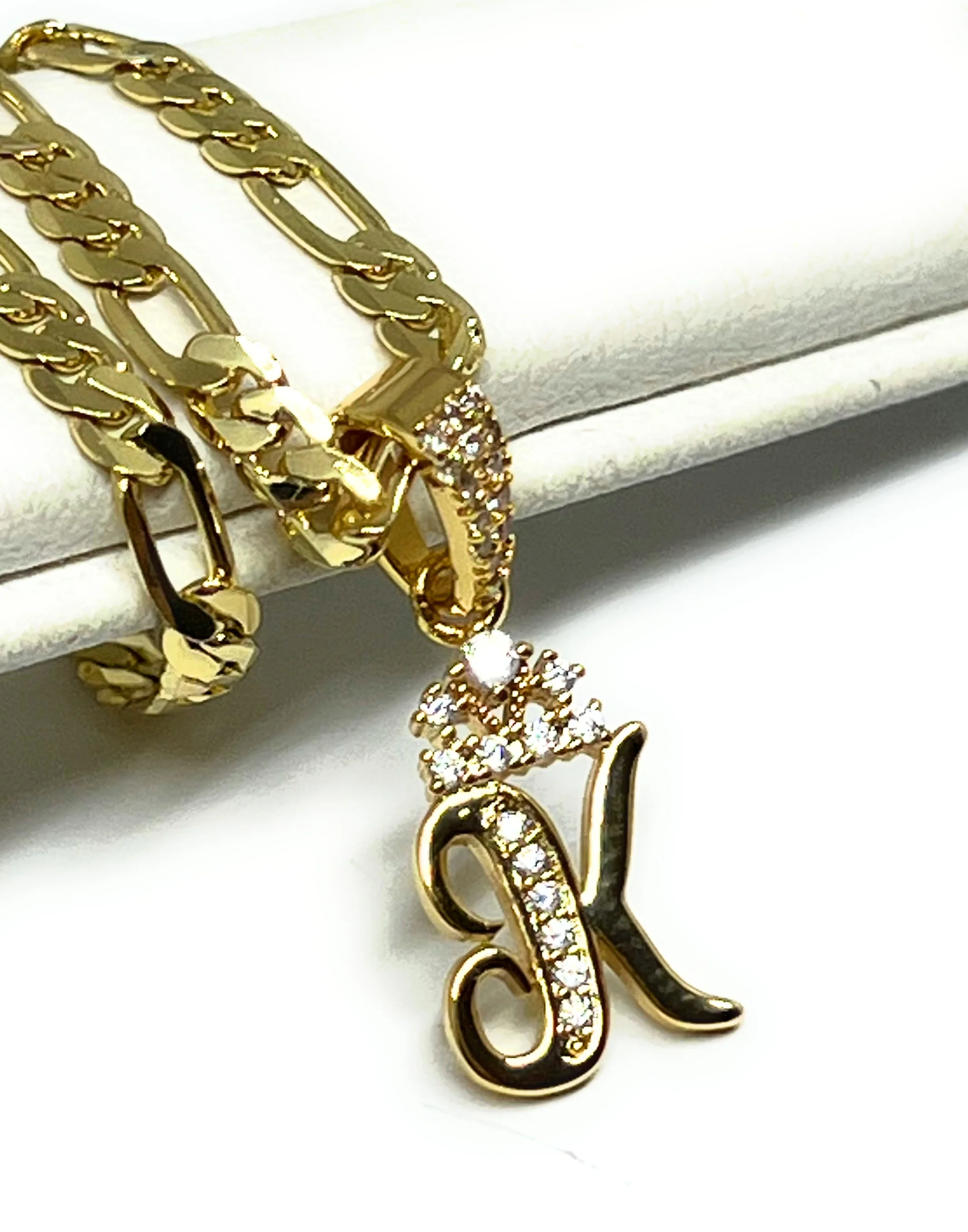Gold Plated CUSTOMIZED CROWN  CZ Initial Letter Pendant with Figaro Chain 24" 3mm - Image 3