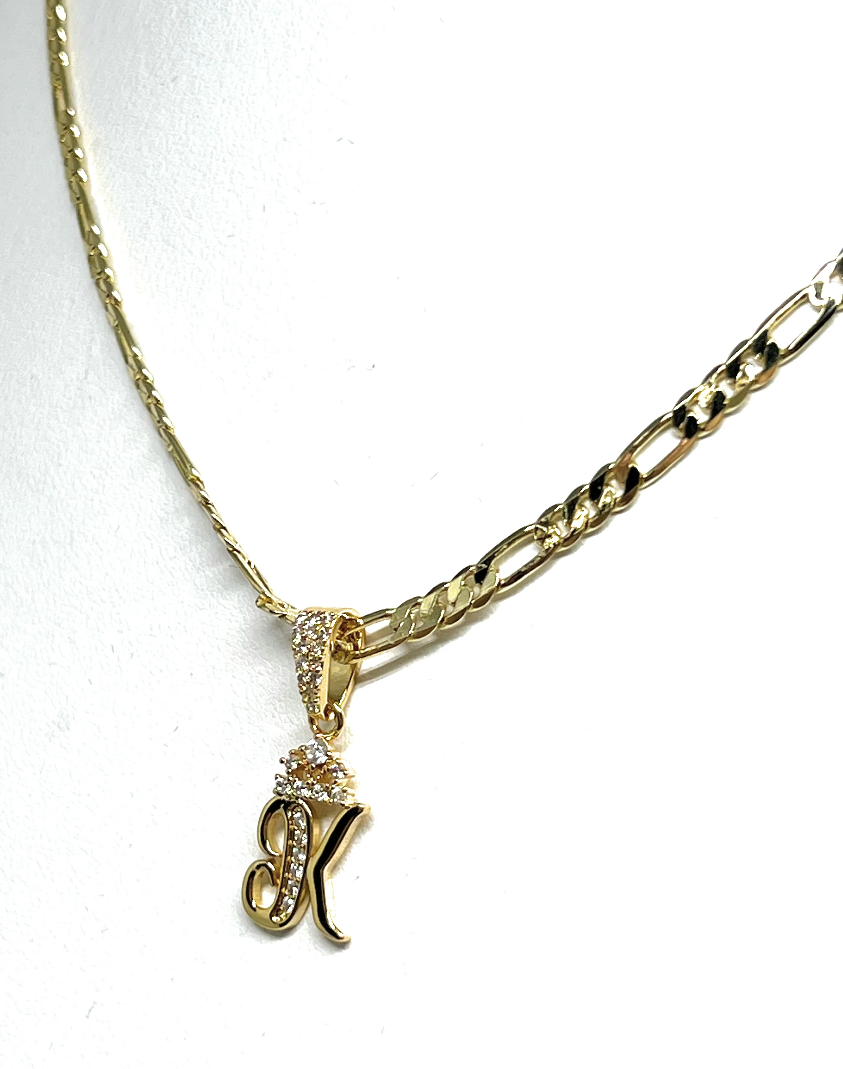 Gold Plated CUSTOMIZED CROWN  CZ Initial Letter Pendant with Figaro Chain 24" 3mm - Image 4