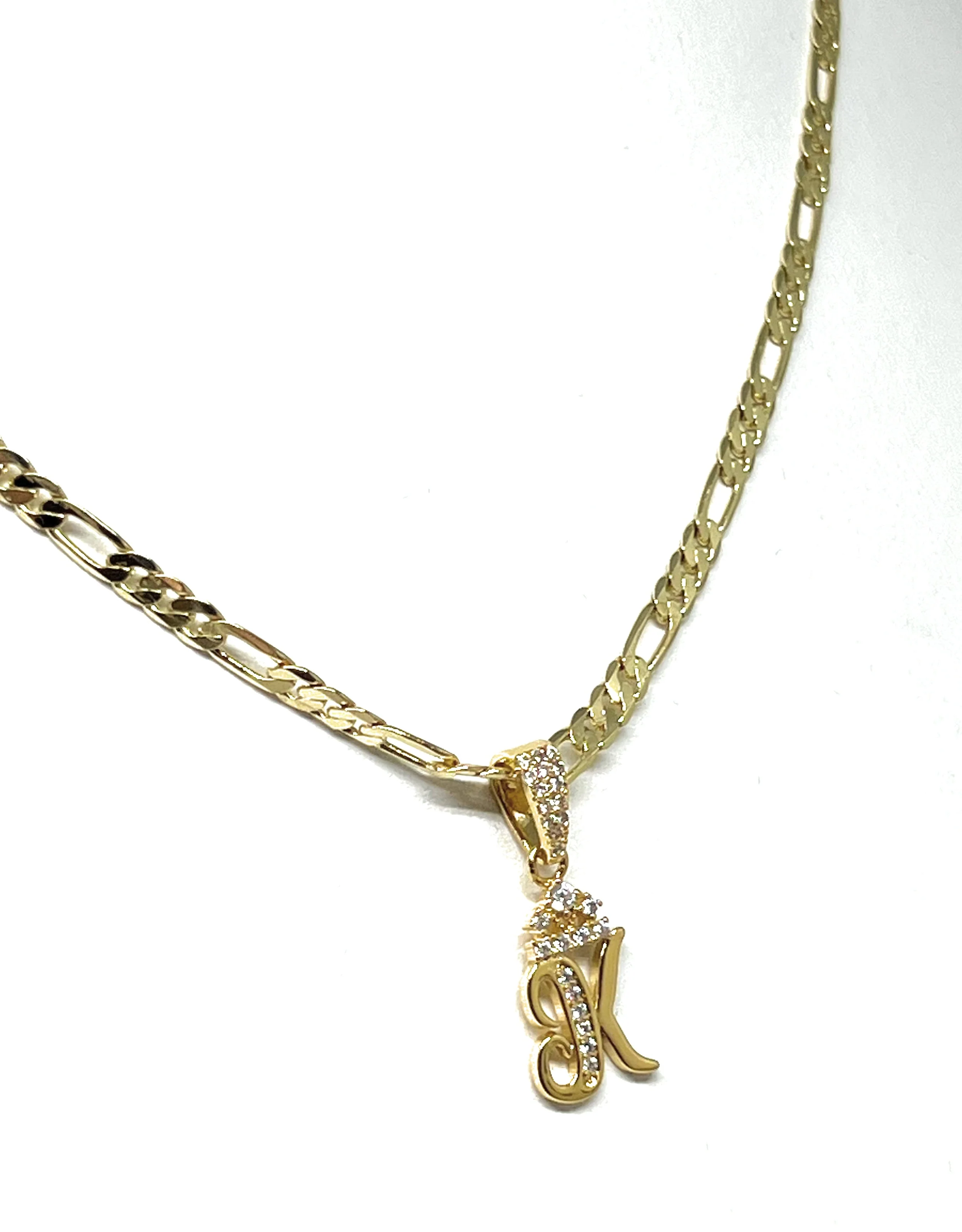 Gold Plated CUSTOMIZED CROWN  CZ Initial Letter Pendant with Figaro Chain 24" 3mm - Image 5