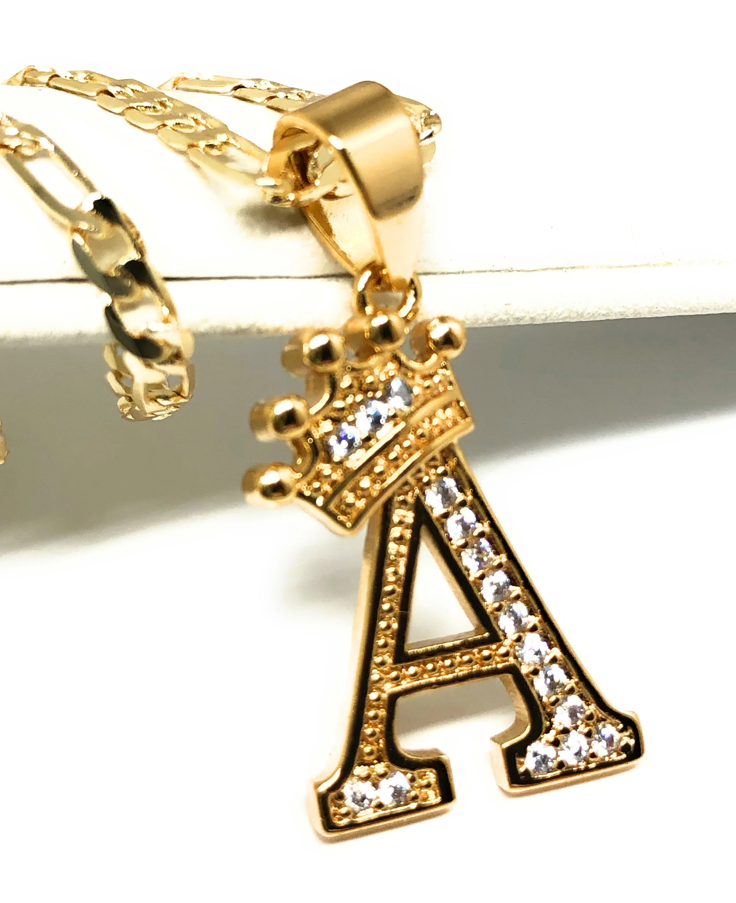 Gold Plated CUSTOMIZED CROWN CZ Initial Letter Pendant With Figaro Chain 24" 3mm - Image 3