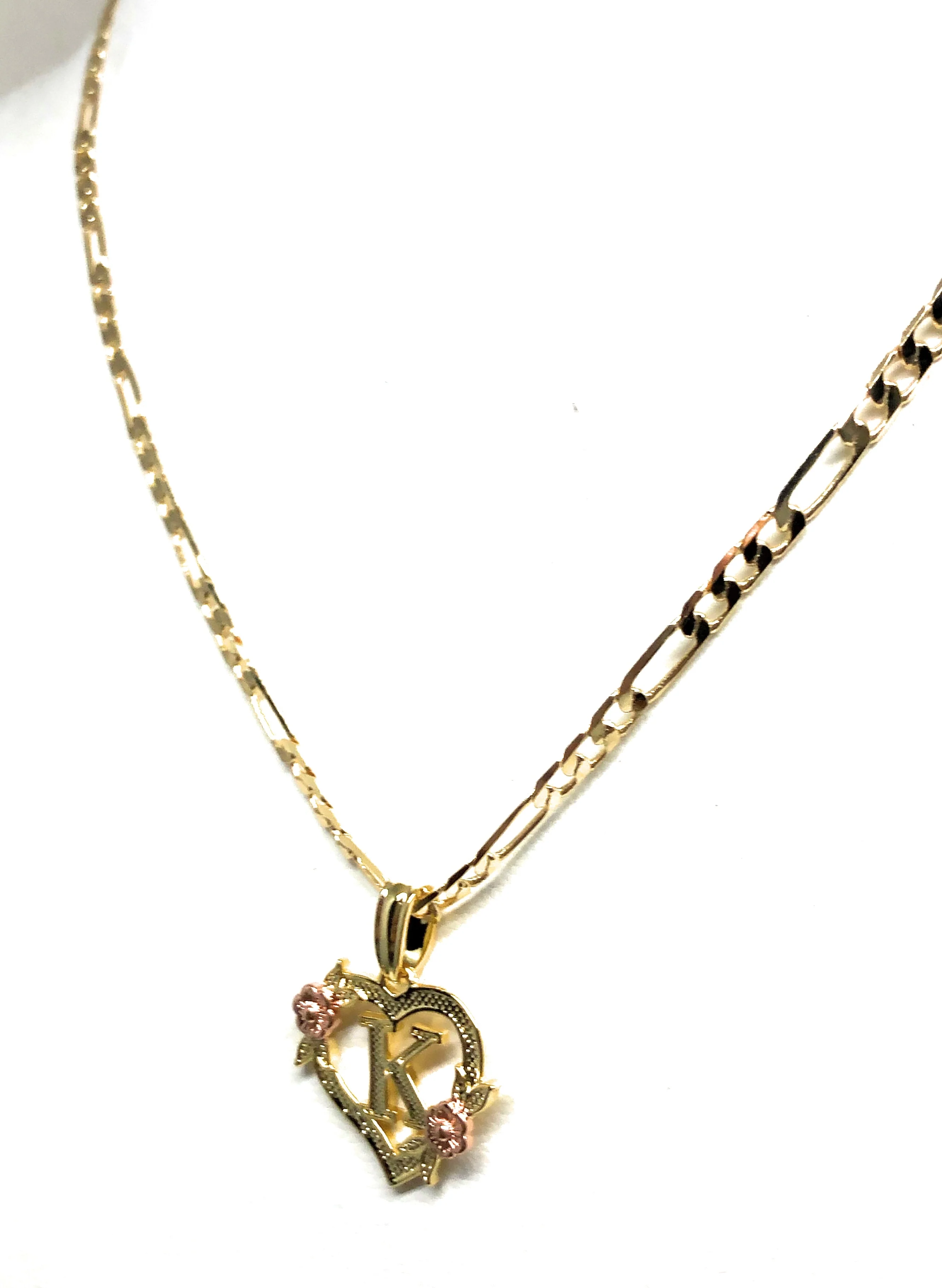 Gold Plated CUSTOMIZED Heart Flower Initial Letter Pendant With Figaro Chain 24" 4mm - Image 6