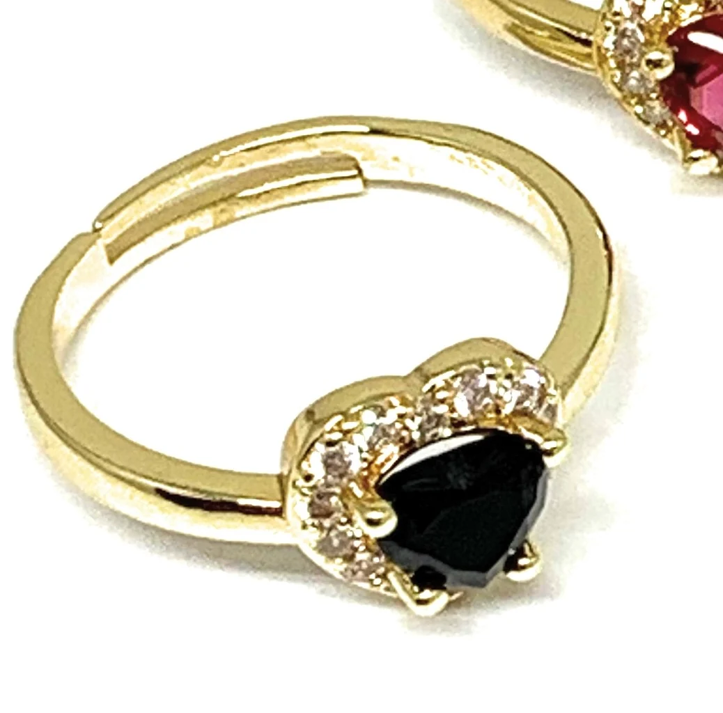 Gold Plated CZ Heart Adjustable Ring Anillo (RED, GREEN, WHITE, BLACK) - Image 2