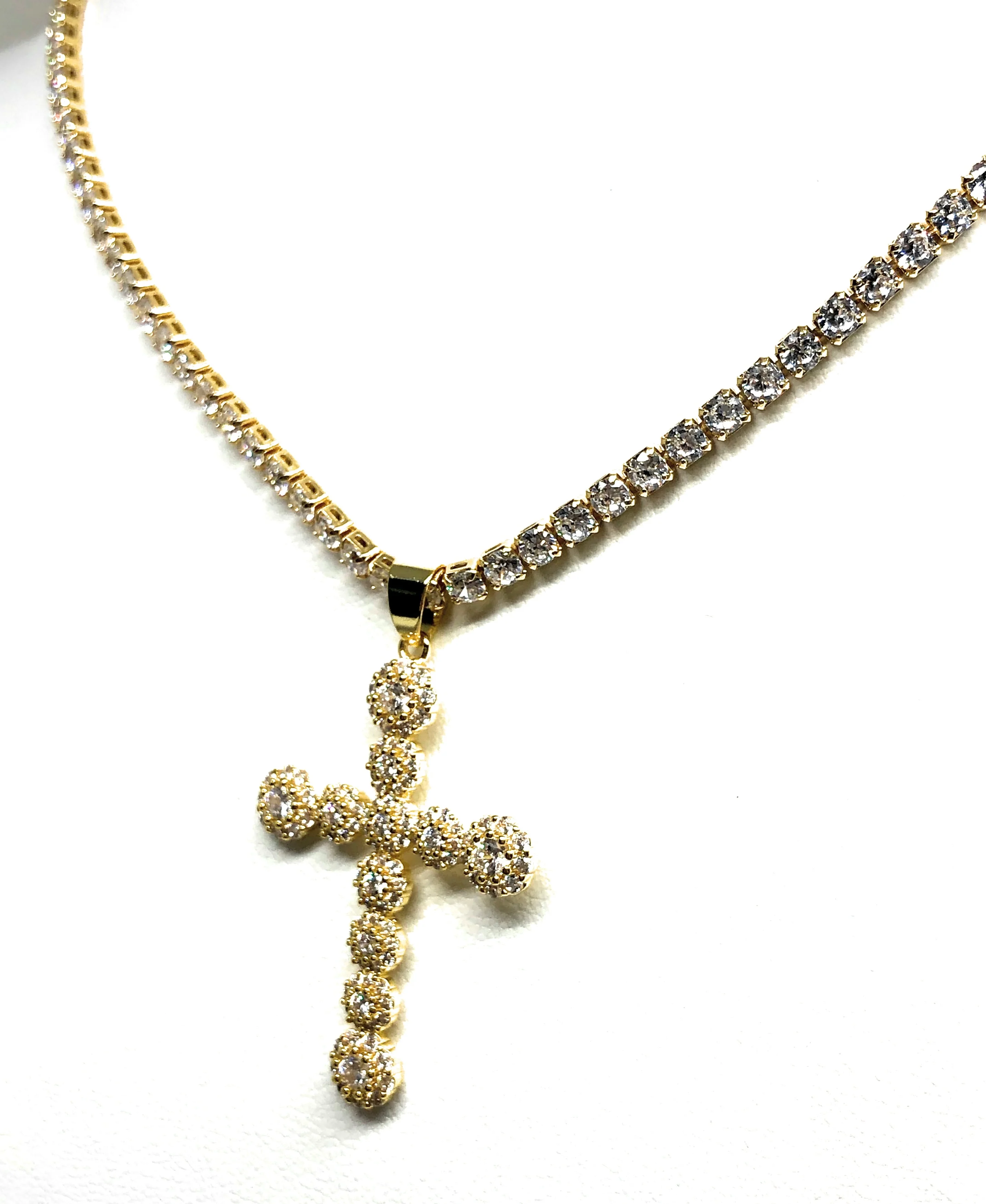 Gold Plated Full Cubic Zirconia Cross 20” Tennis CZ Chain Necklace Cruz - Image 5