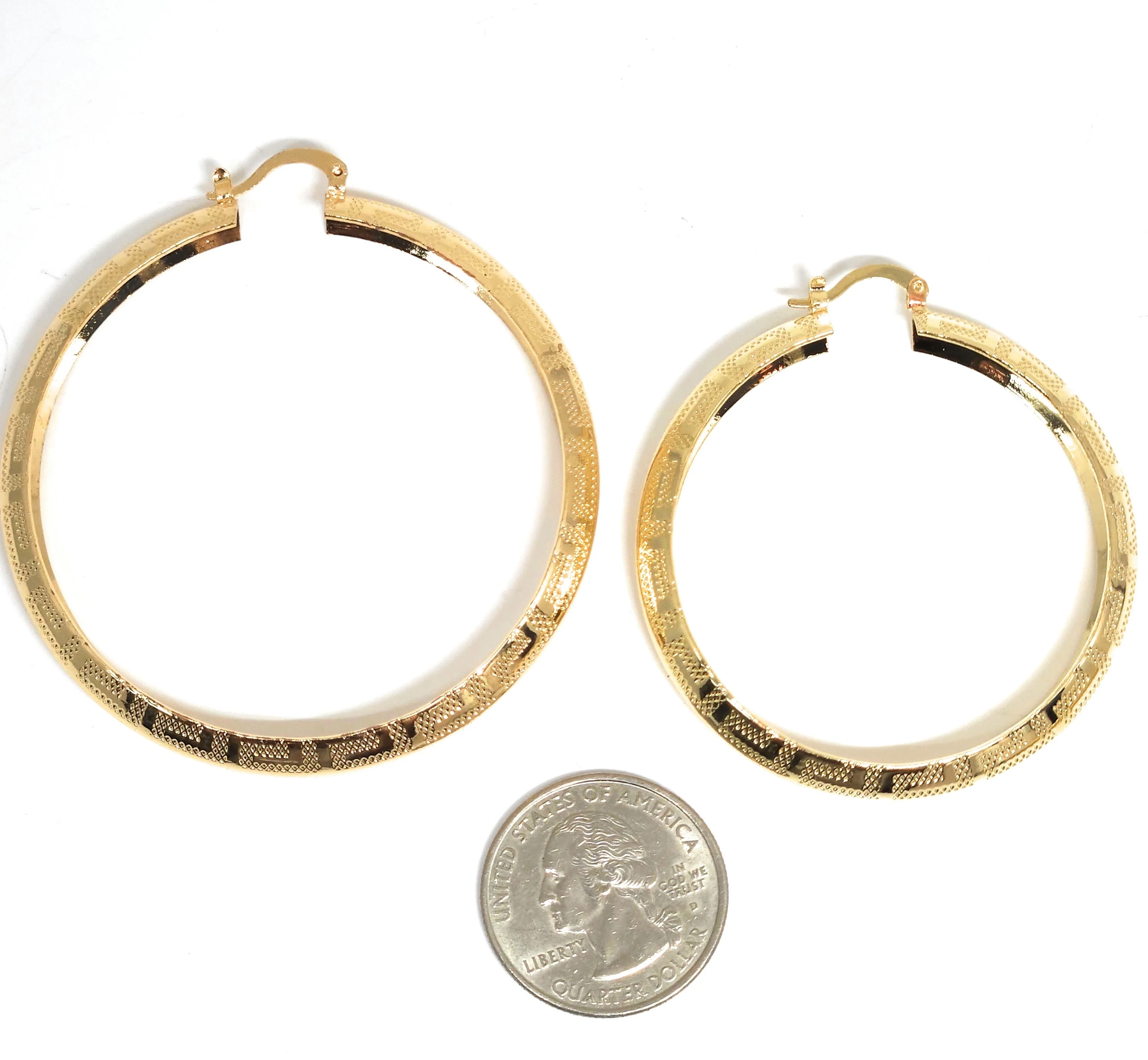 Gold Plated GREEK BORDER (MEANDROS) HOOP Earrings Aretes Arracadas - Image 2