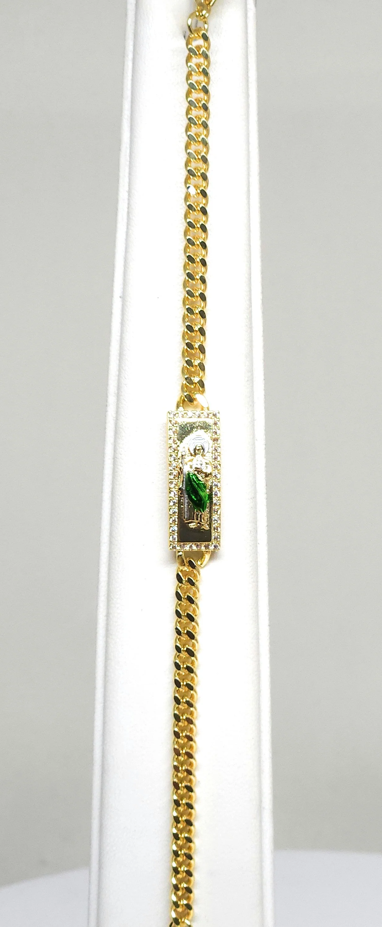 Gold Plated GREEN Saint Jude MIAMI CUBAN LINK Bracelet San Judas Esclava 7-8.5" 4.5MM - Image 3