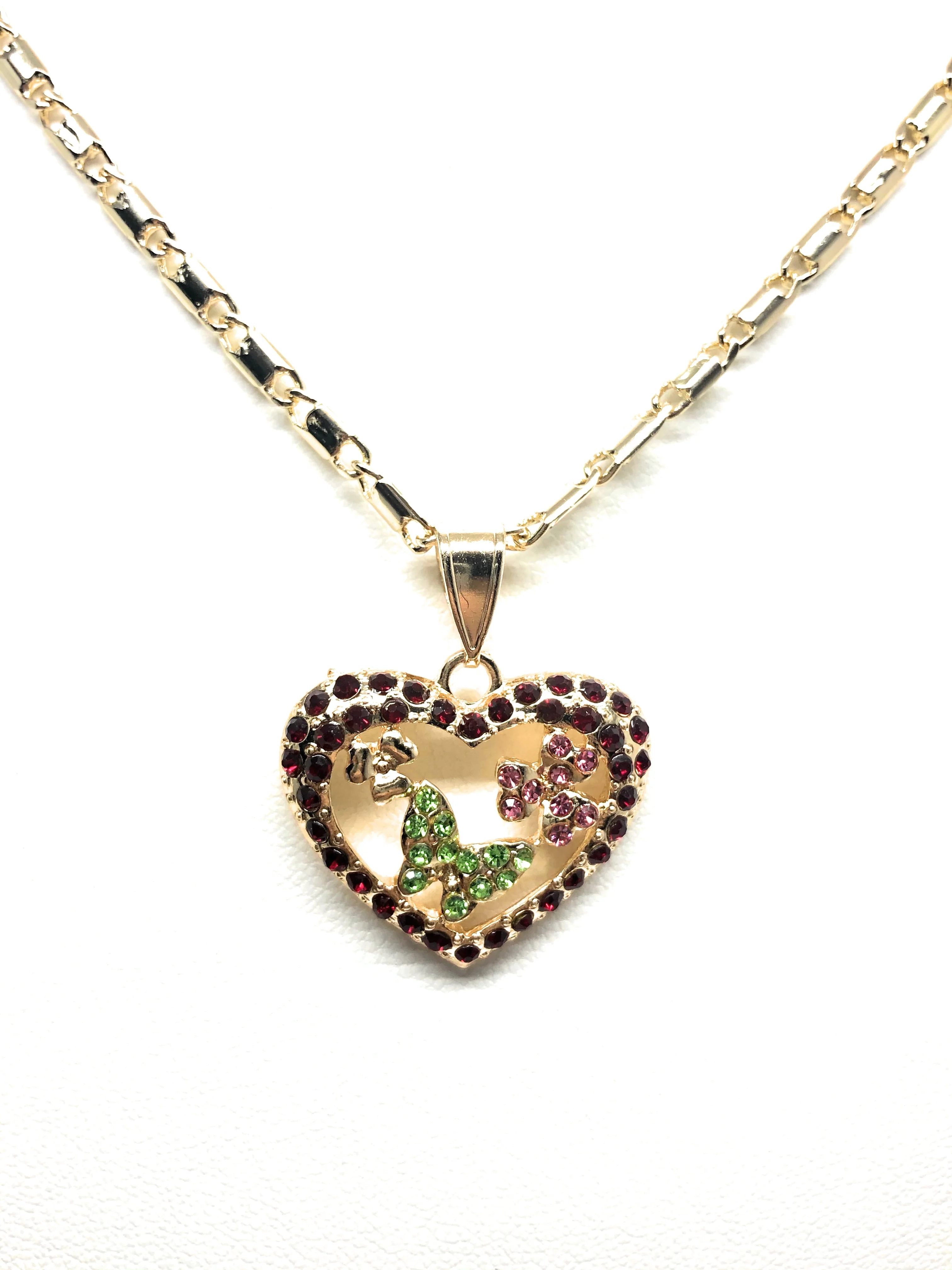Gold Plated Heart Butterfly and Flower Necklace Rhinestones Necklace Pendant 24” Chain - Image 4
