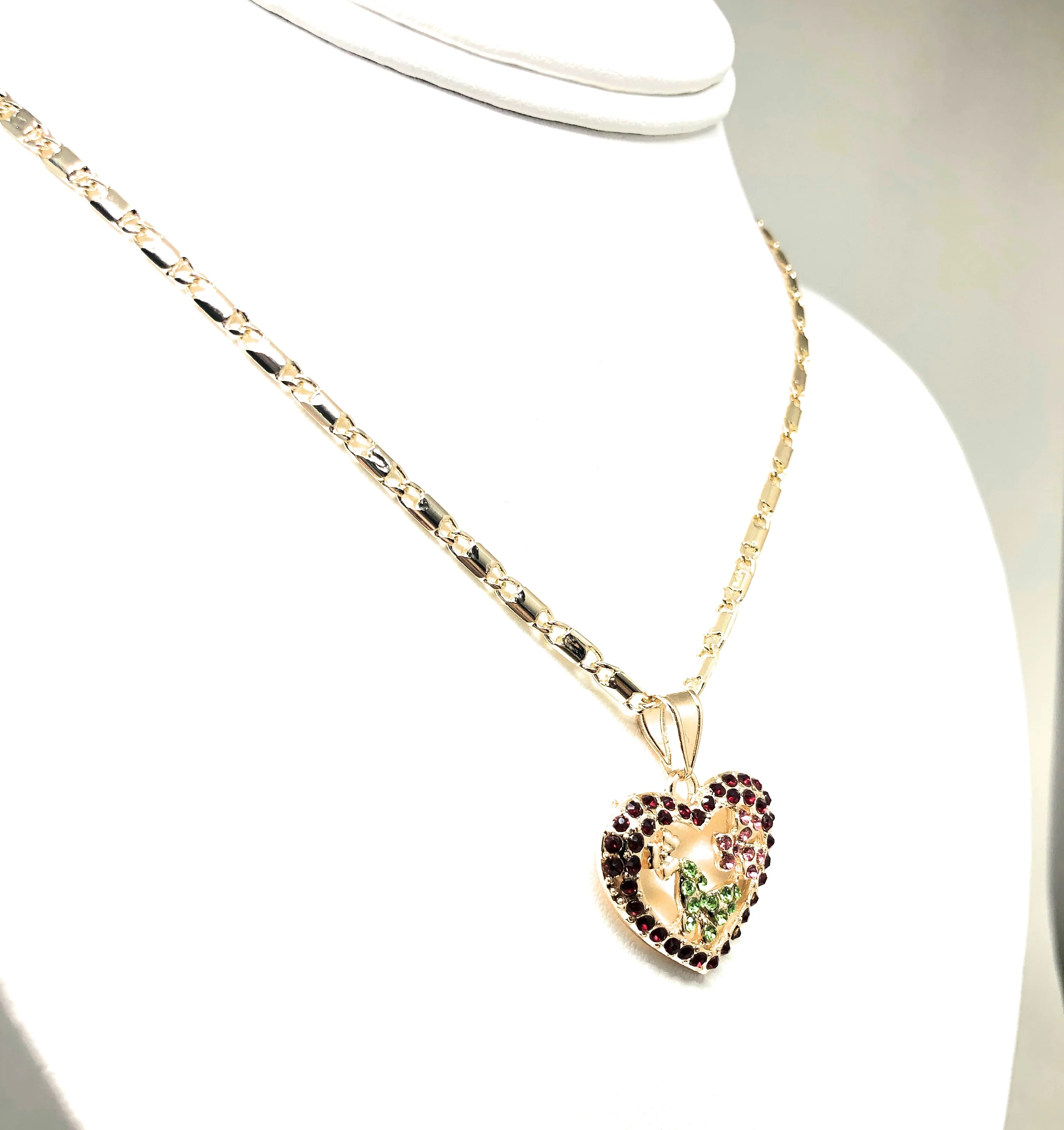 Gold Plated Heart Butterfly and Flower Necklace Rhinestones Necklace Pendant 24” Chain - Image 6