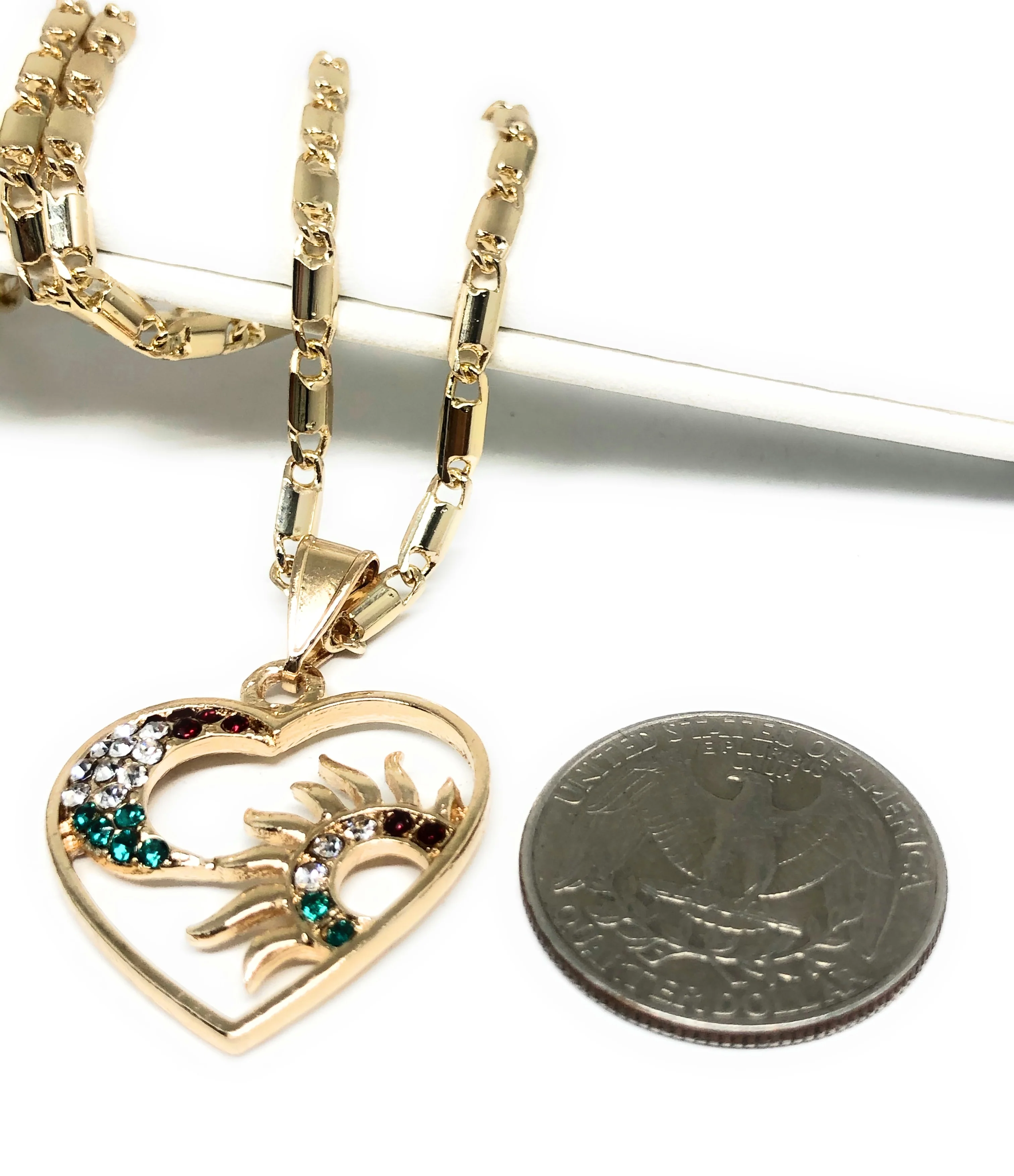 Gold Plated Heart Moon and Sun Necklace Rhinestones Necklace Pendant 24” Chain - Image 3