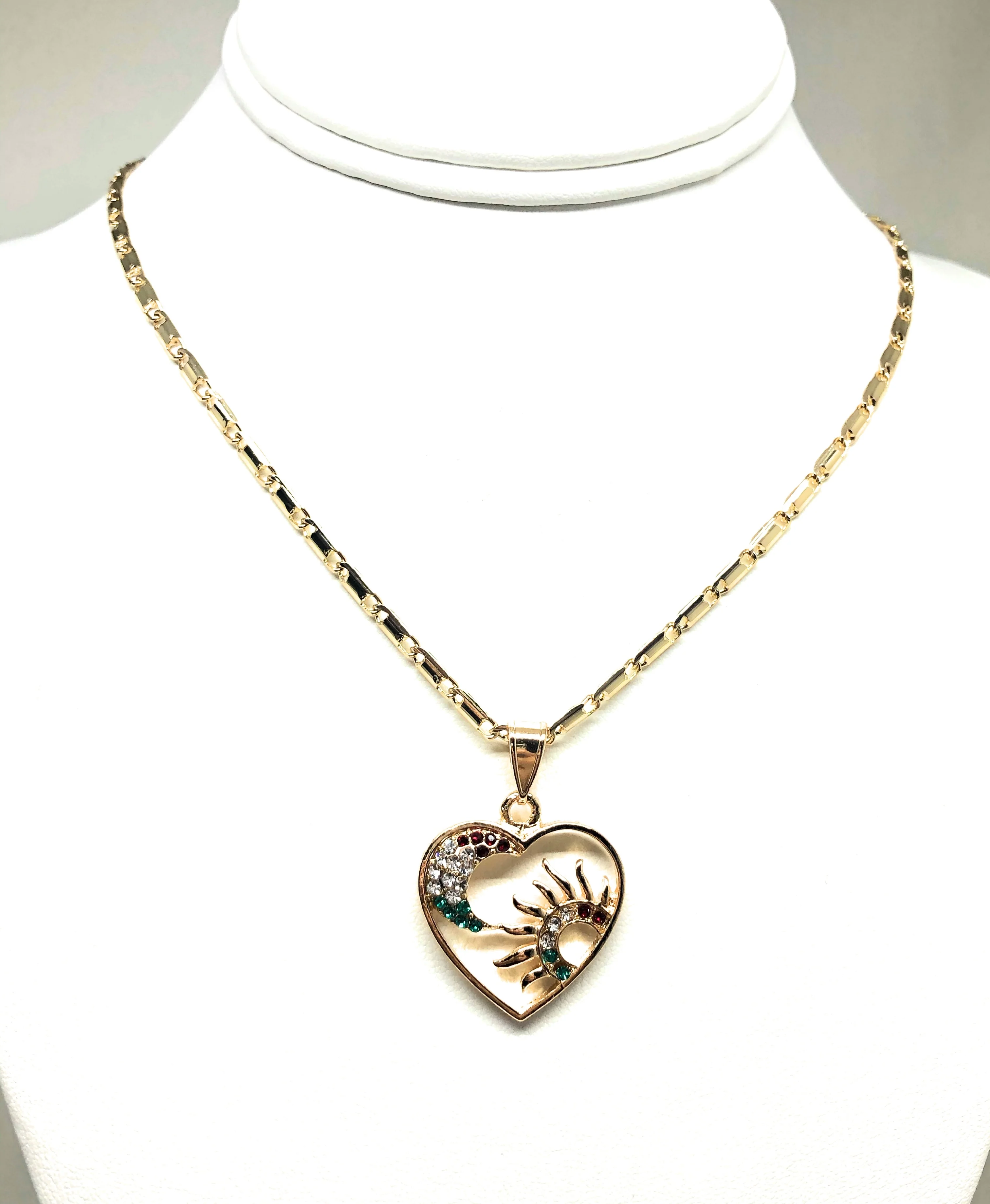 Gold Plated Heart Moon and Sun Necklace Rhinestones Necklace Pendant 24” Chain - Image 5