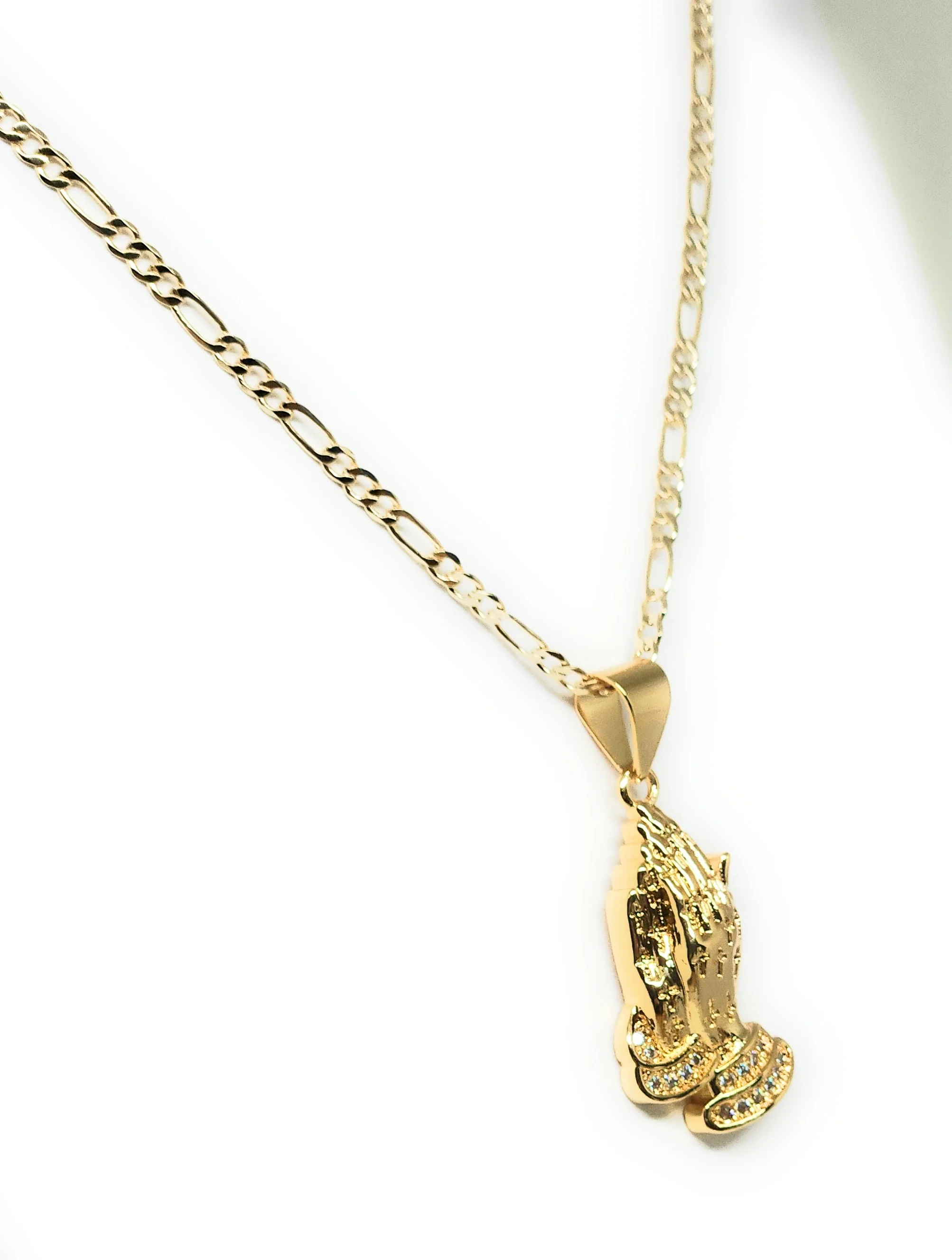 Gold Plated Iced Out CZ Classic Praying Hands Pendant 24" FIGARO Chain - Image 4