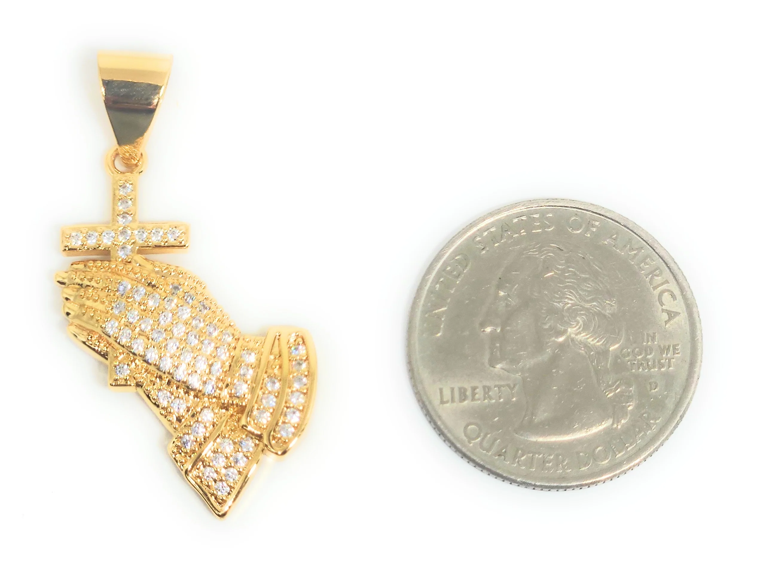 Gold Plated Iced Out CZ Praying Hands with Cross Pendant 24" FIGARO Chain - Image 2