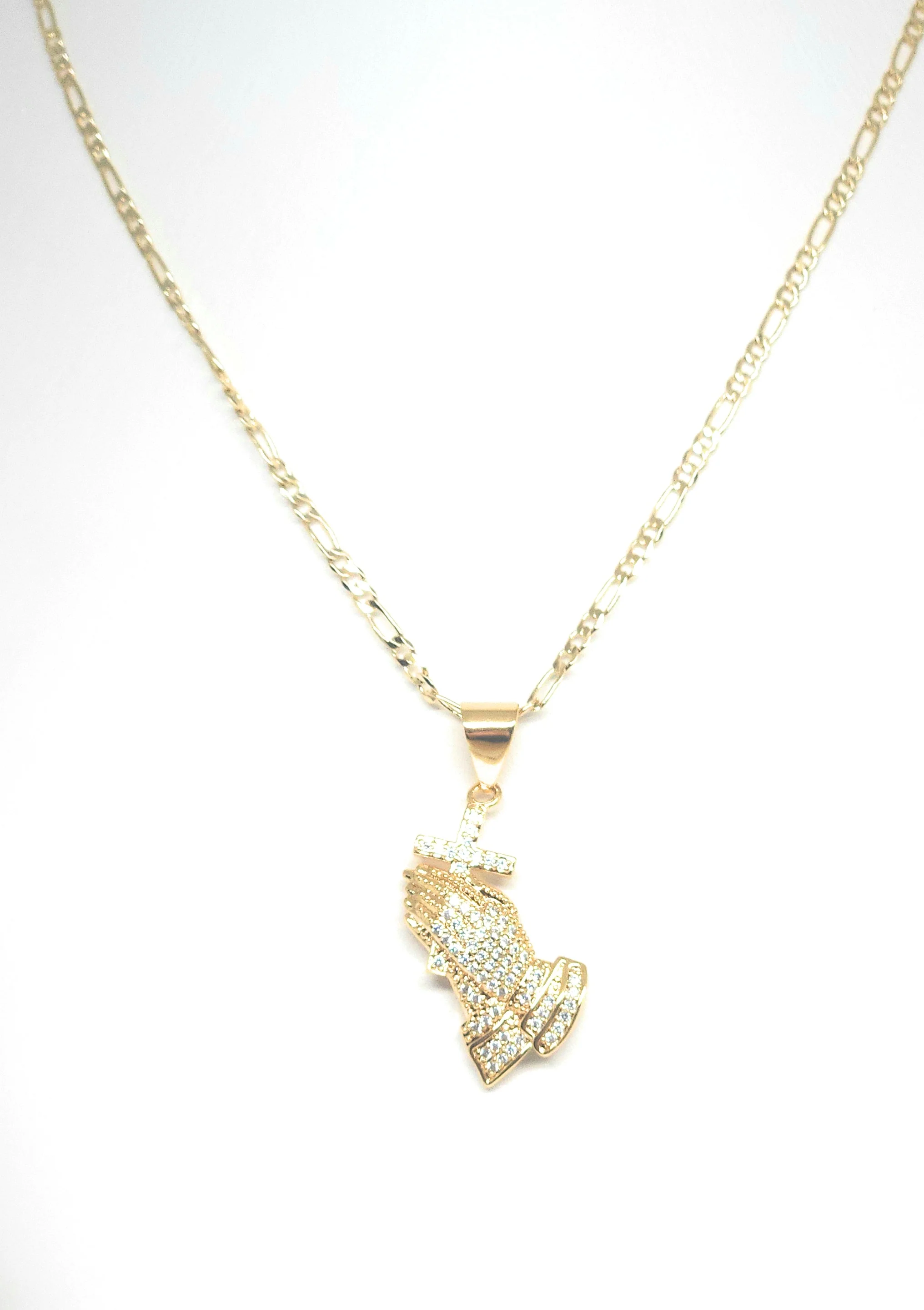 Gold Plated Iced Out CZ Praying Hands with Cross Pendant 24" FIGARO Chain - Image 4