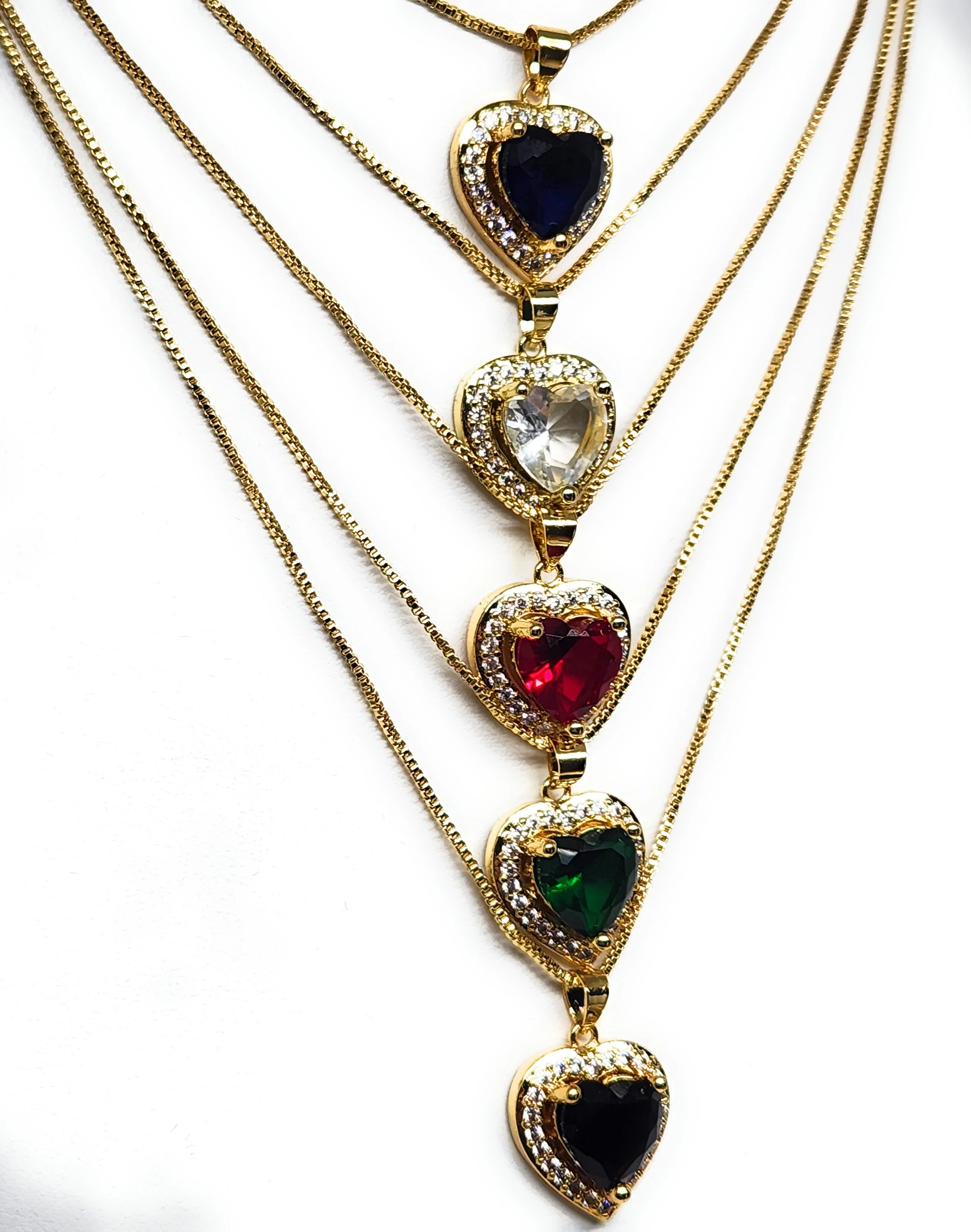 Gold Plated Layered Heart Cubic Zirconia Pendant Necklace Chain 18” (WHITE, RED, GREEN, BLACK, DARK BLUE) - Image 4