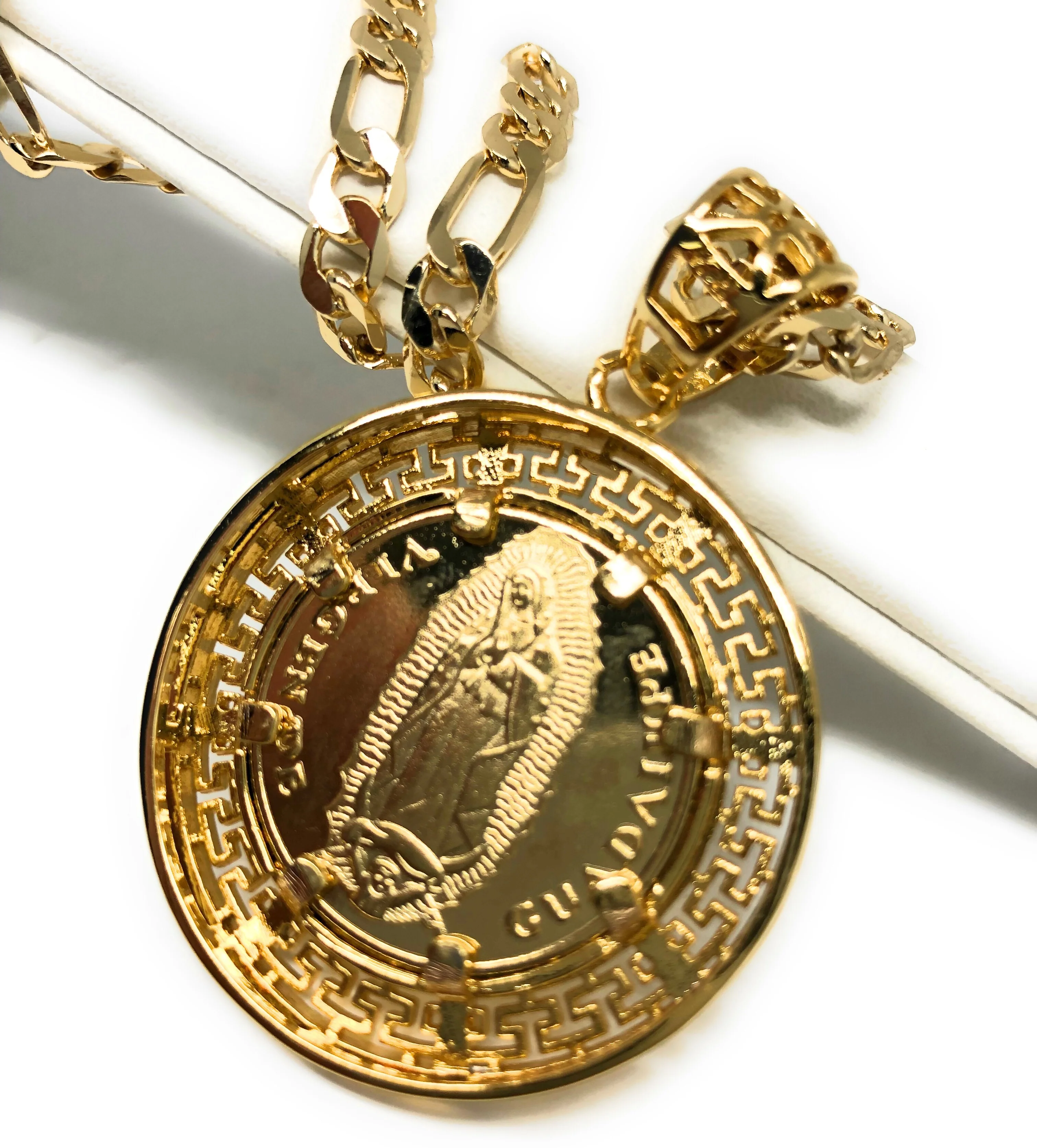 Gold Plated Mexican 20 Pesos Coin Aztec Calendar Oro Laminado Con Cadena Figaro 26" 5mm - Image 5