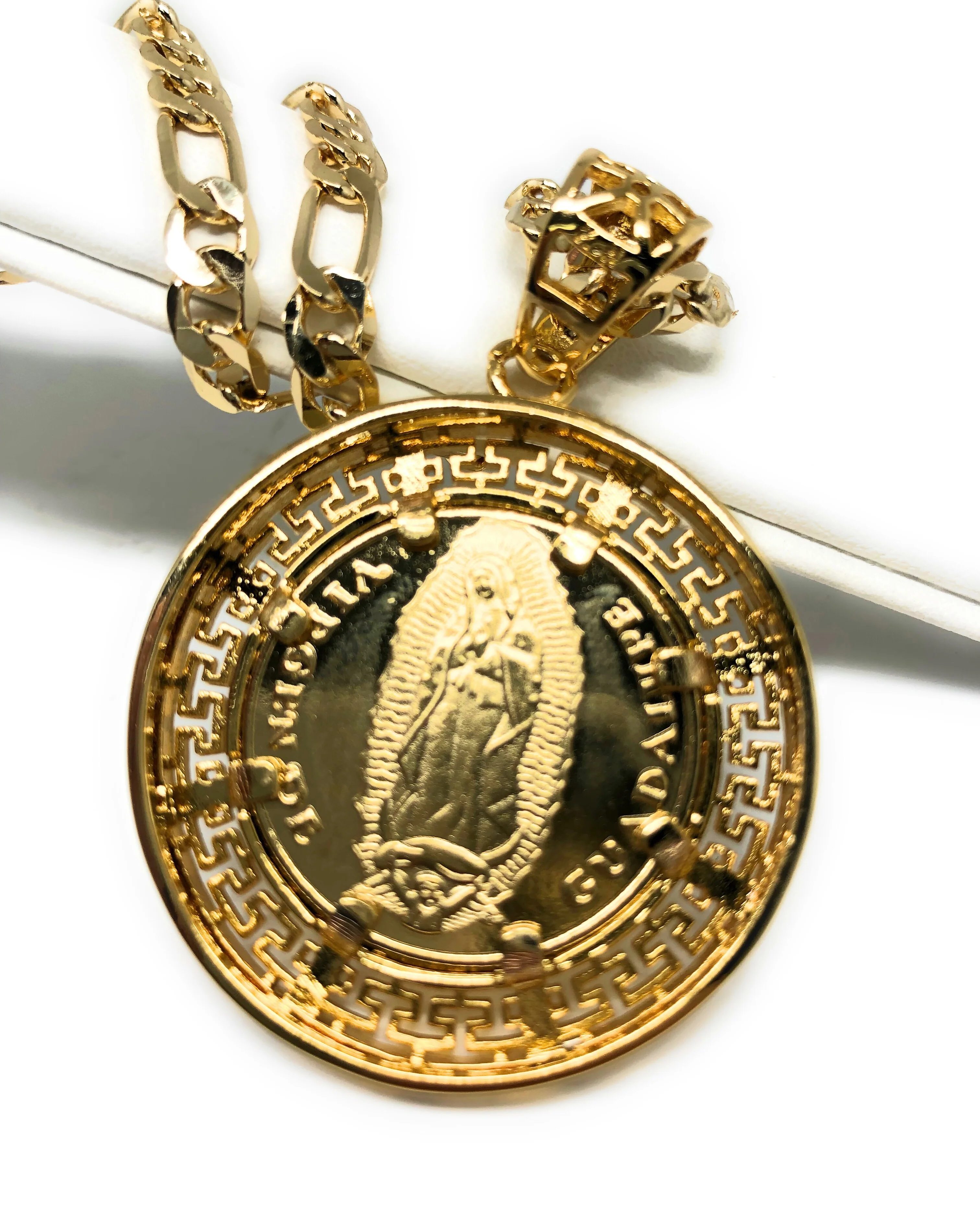 Gold Plated Mexican 20 Pesos Coin Aztec Calendar Oro Laminado Con Cadena Figaro 26" 5mm - Image 6