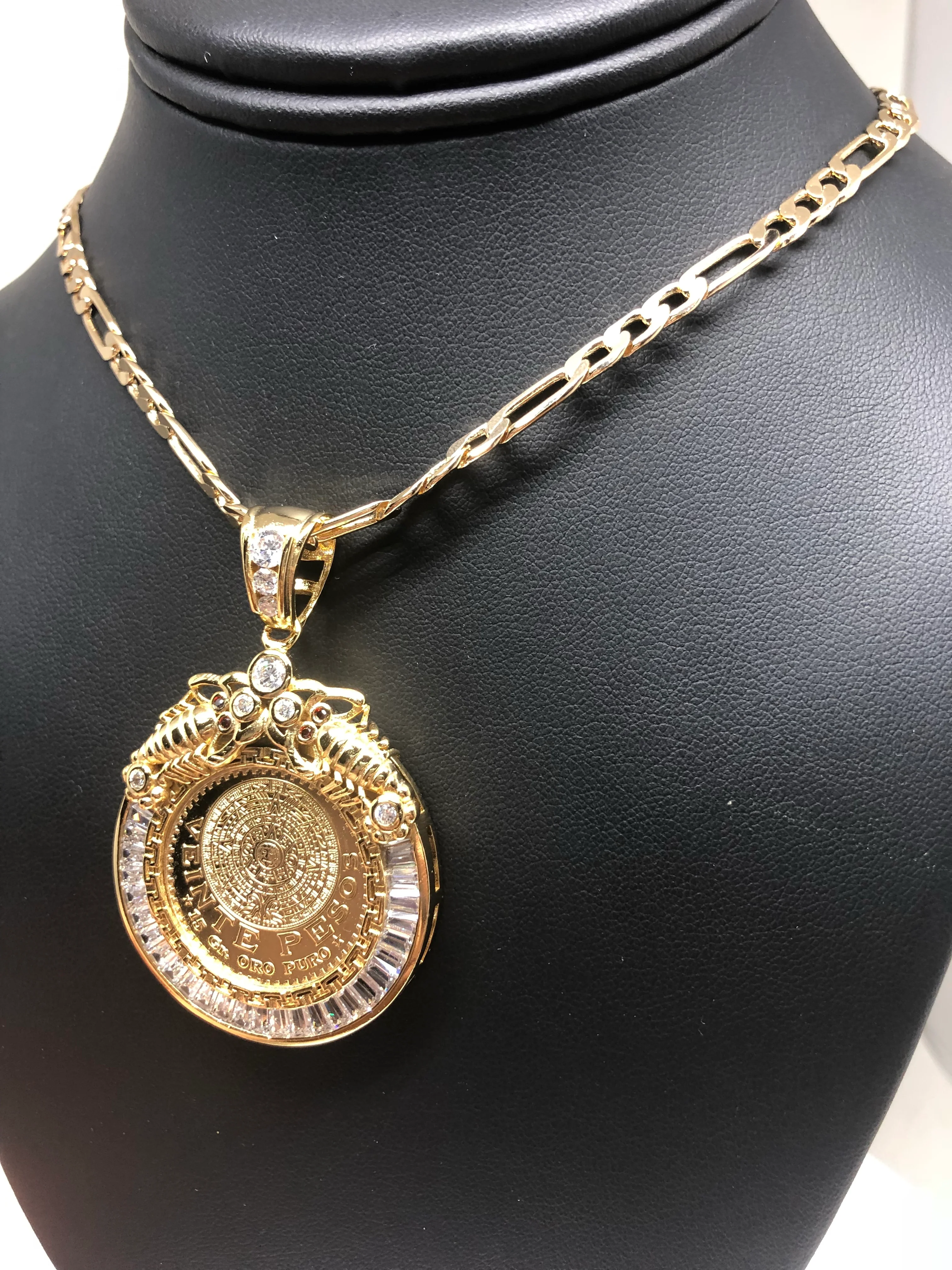 Gold Plated Mexican 20 Pesos Coin Aztec Calendar Scorpion CZ Oro Laminado Con Cadena Figaro 26" 5mm - Image 12